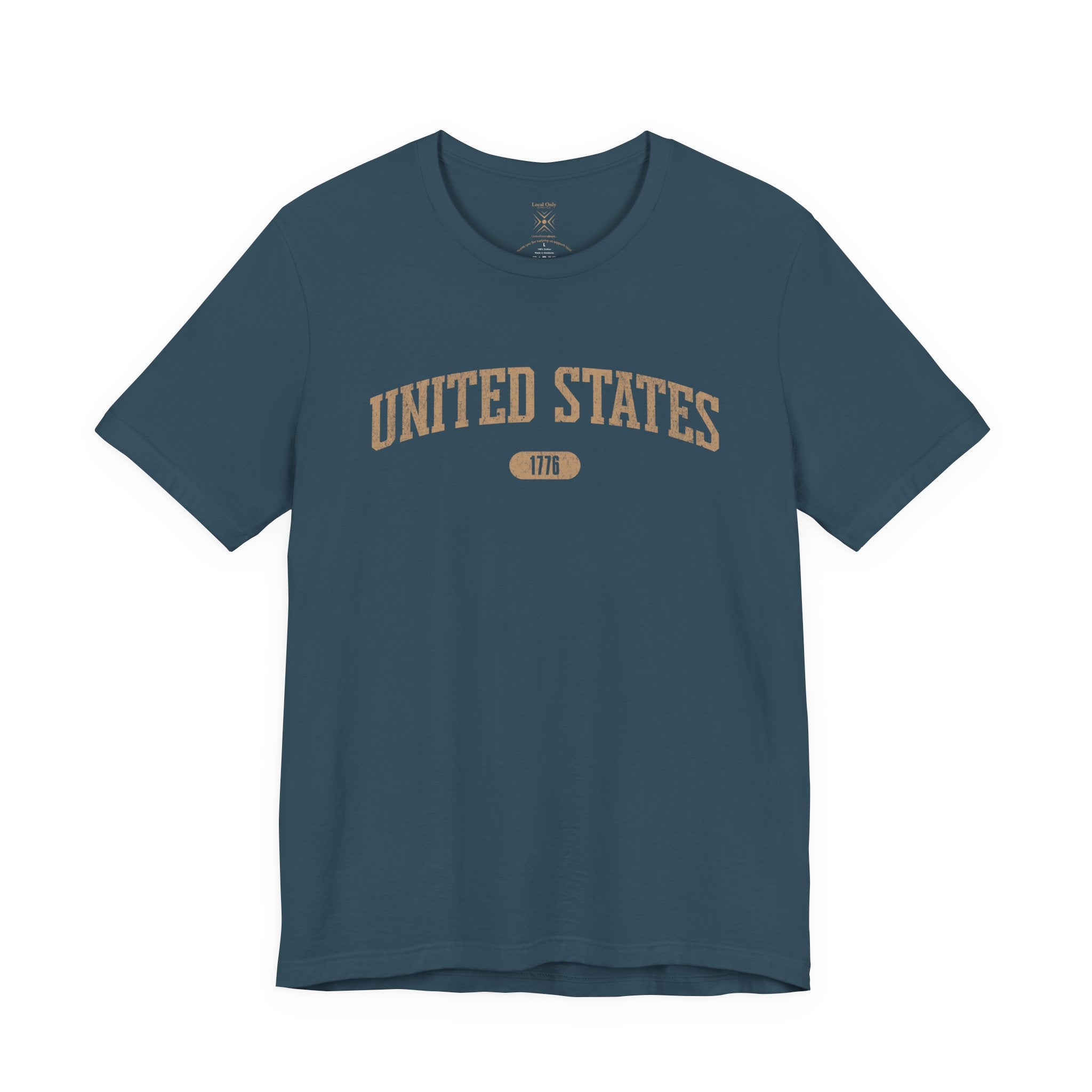 Deep Teal t-shirt with 'UNITED STATES 1776' in tan collegiate text.