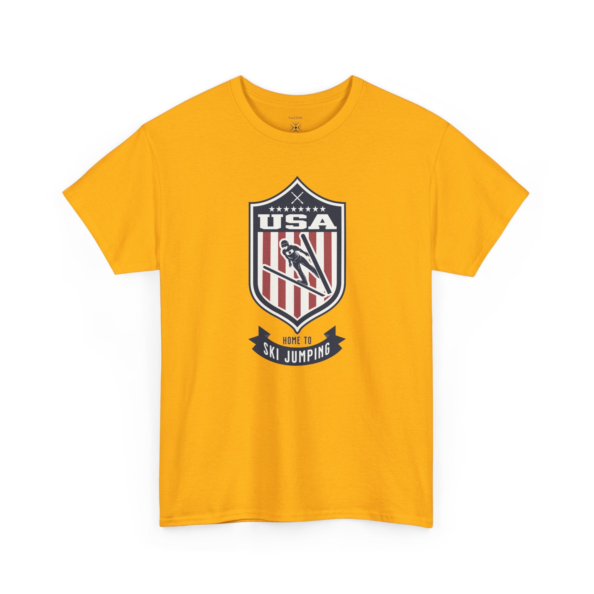 USA Home To Ski Jumping Vintage Athletic T-Shirt – Navy Red White Crest Graphic