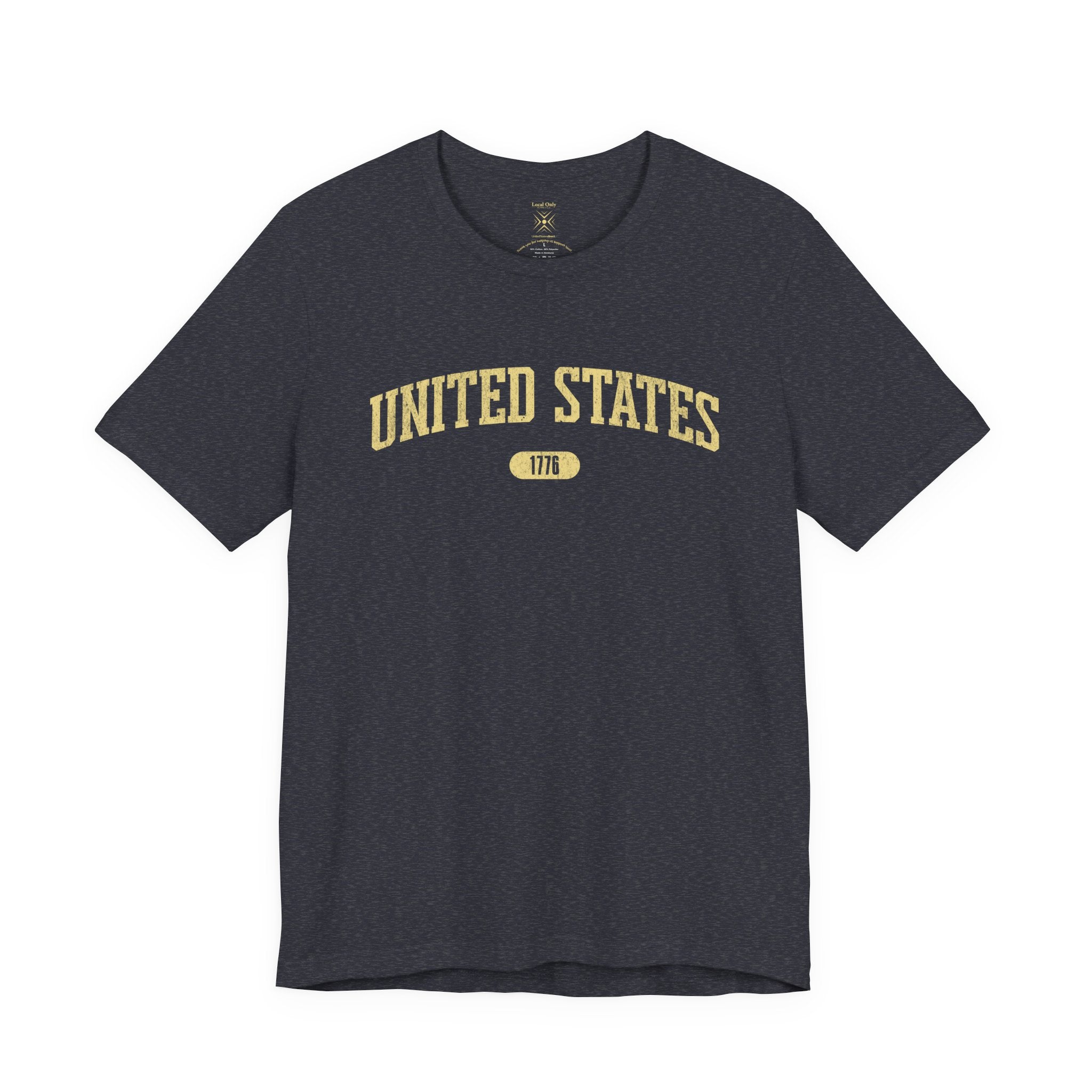 Heather Navy t-shirt with 'UNITED STATES 1776' in yellow collegiate text.