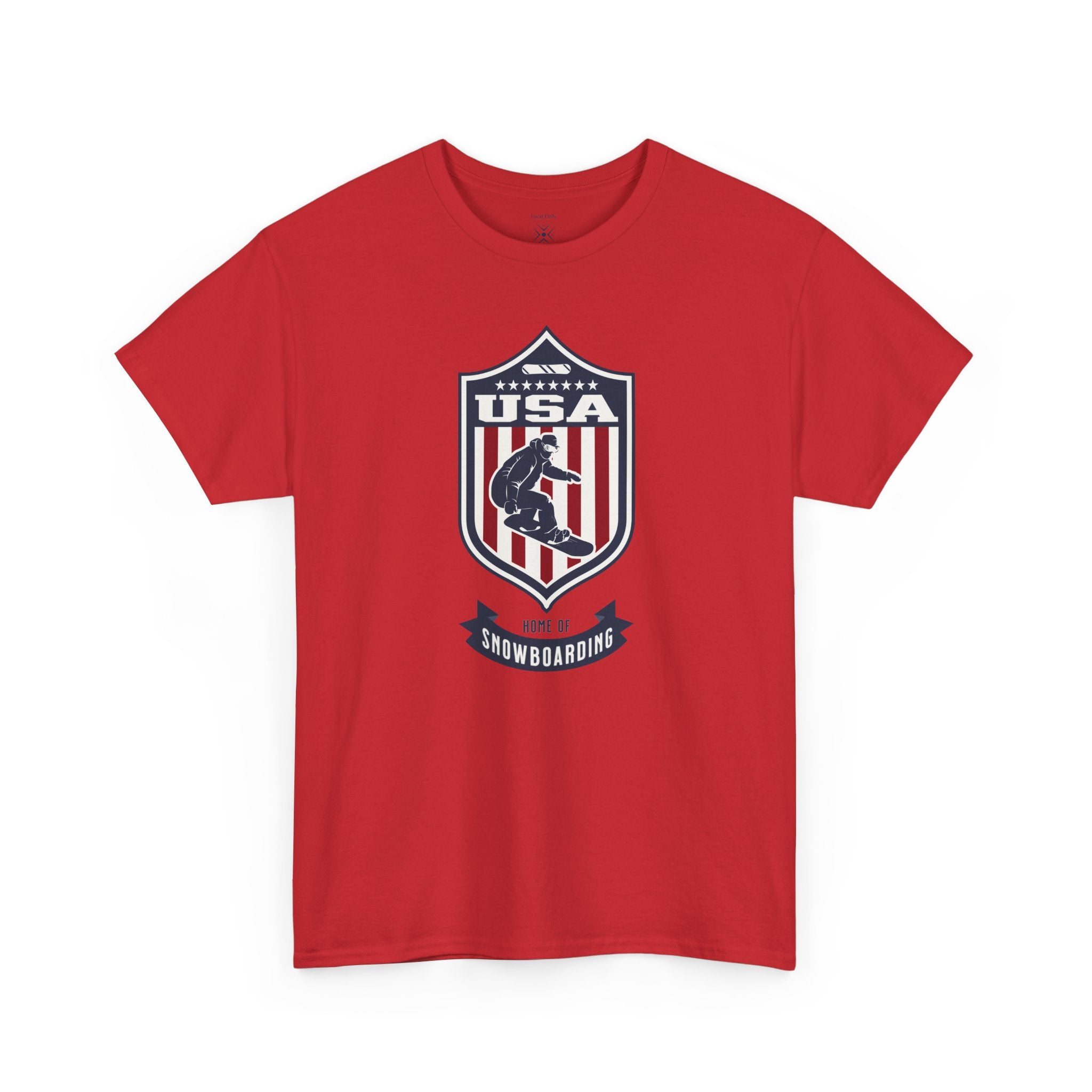 USA Home Of Snowboarding Vintage Athletic T-Shirt – Navy Red White Crest Graphic