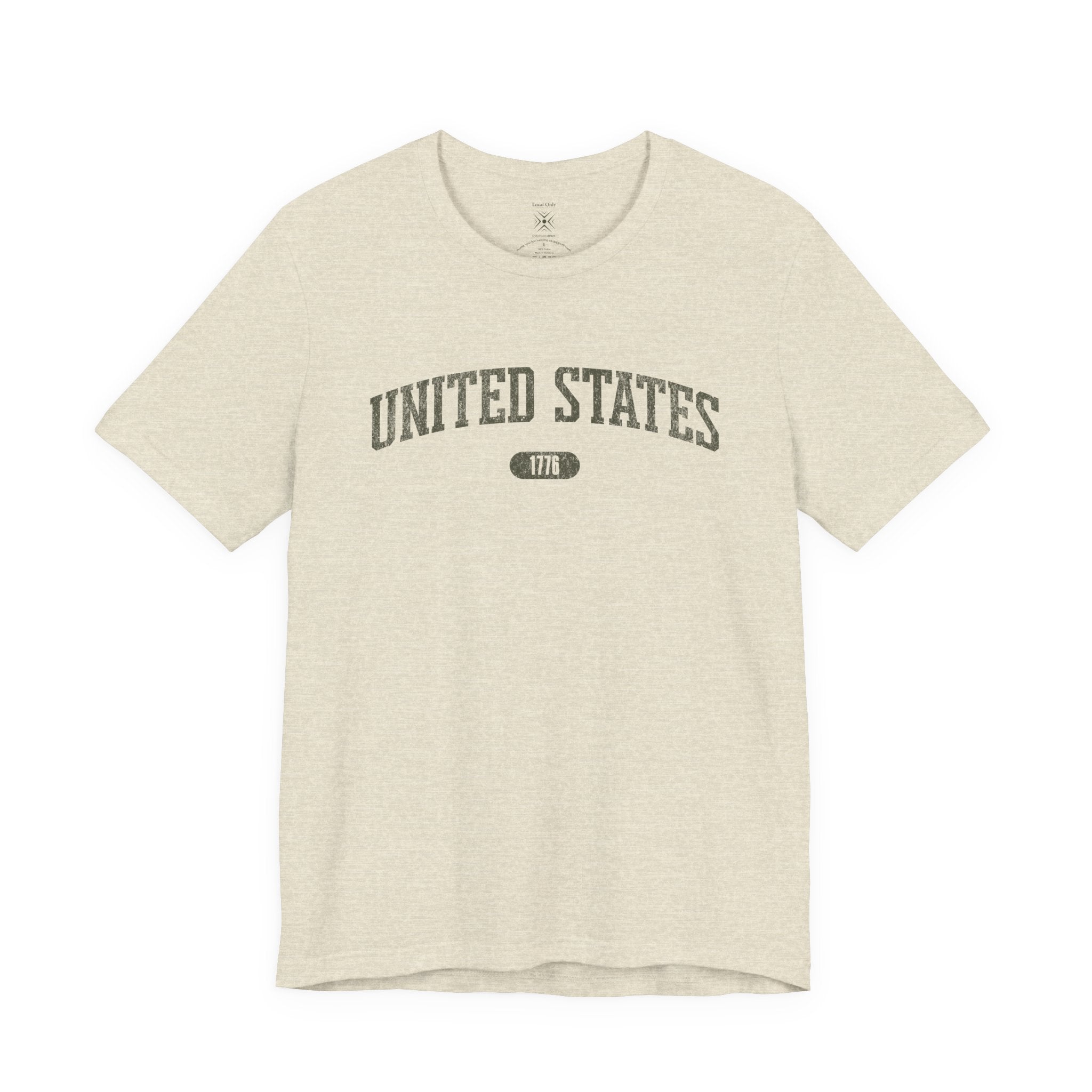 Heather Prism Natural t-shirt with 'UNITED STATES 1776' in olive green collegiate text.