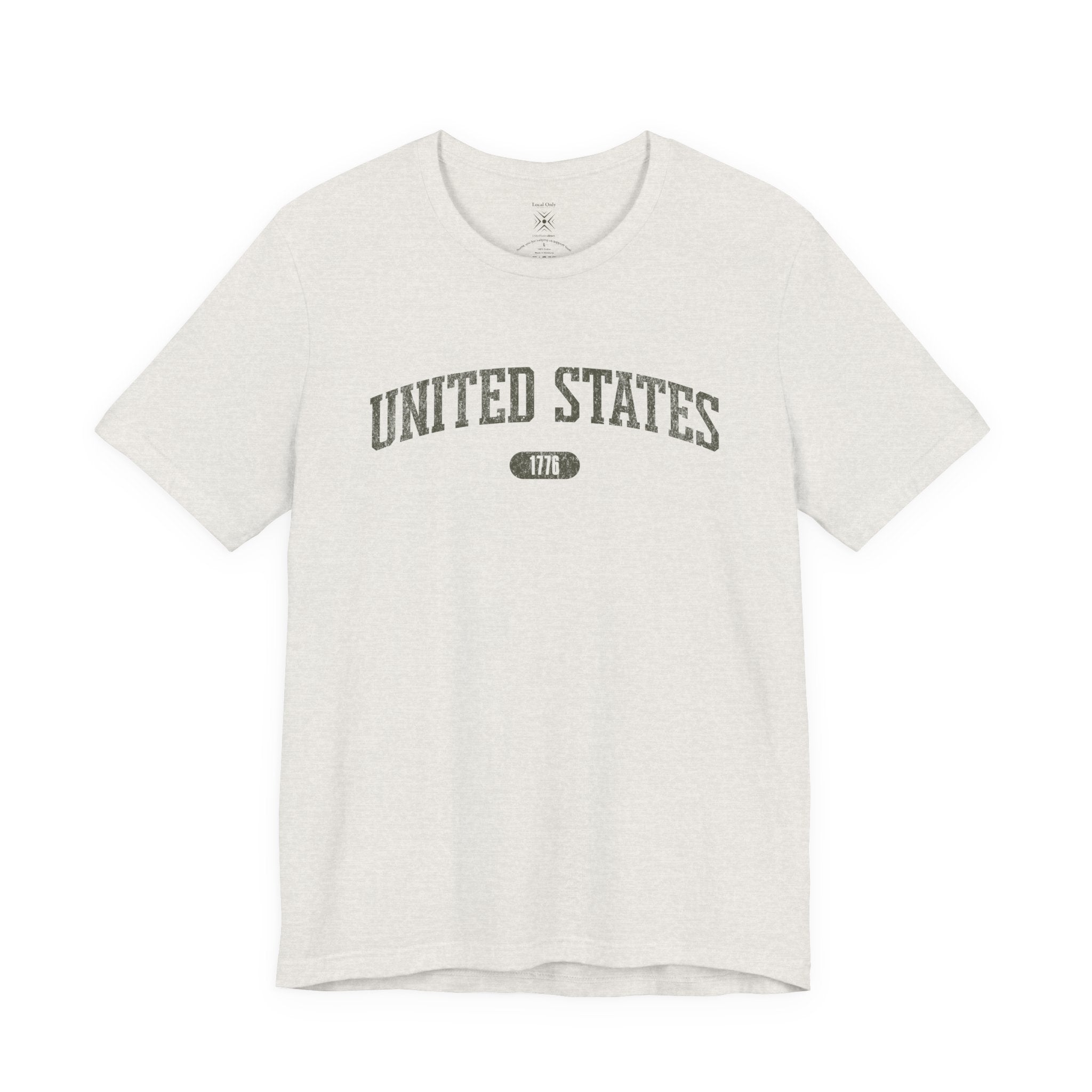 Heather Cement t-shirt with 'UNITED STATES 1776' in olive green collegiate text.