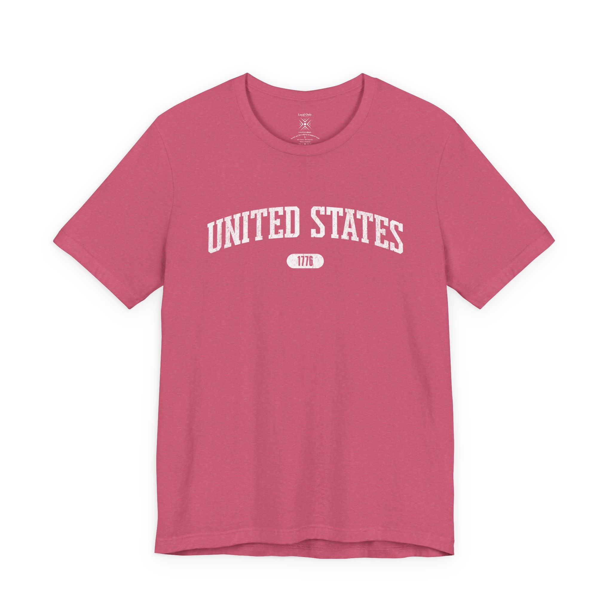 Heather Raspberry t-shirt with 'UNITED STATES 1776' white collegiate text.