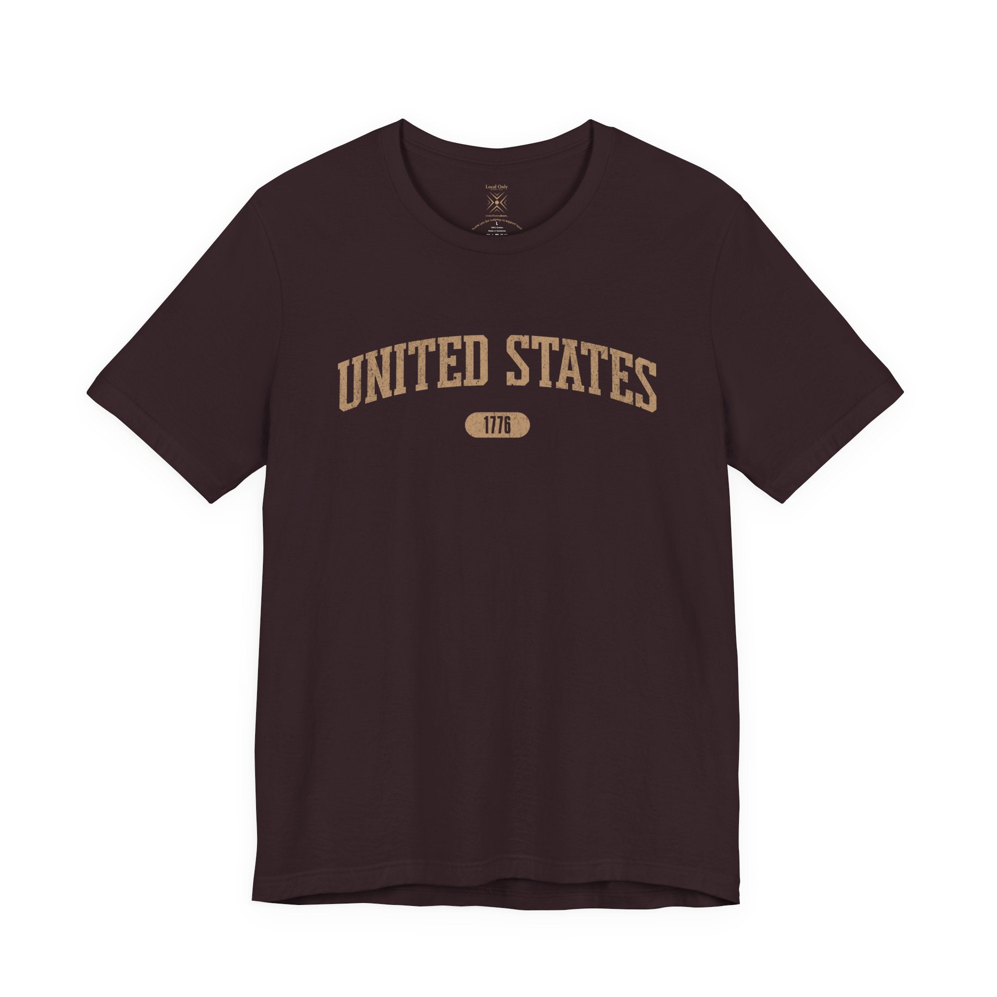 Oxblood Black t-shirt with 'UNITED STATES 1776' in tan collegiate text.