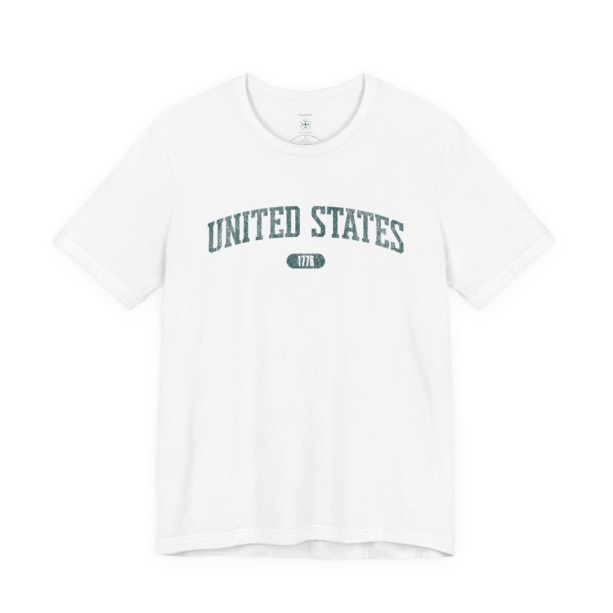 White t-shirt with 'UNITED STATES 1776' in teal collegiate text.