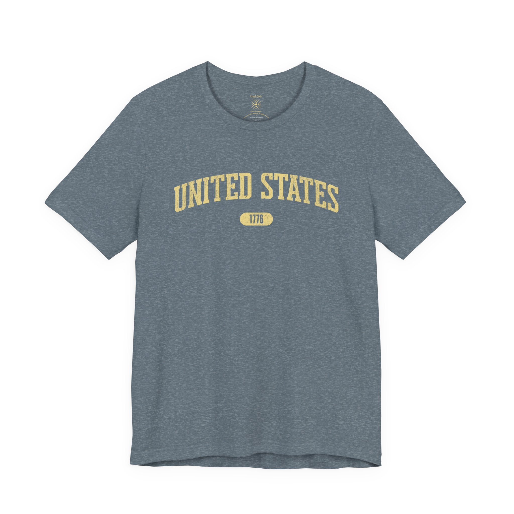 Heather Slate t-shirt with 'UNITED STATES 1776' in yellow collegiate text.