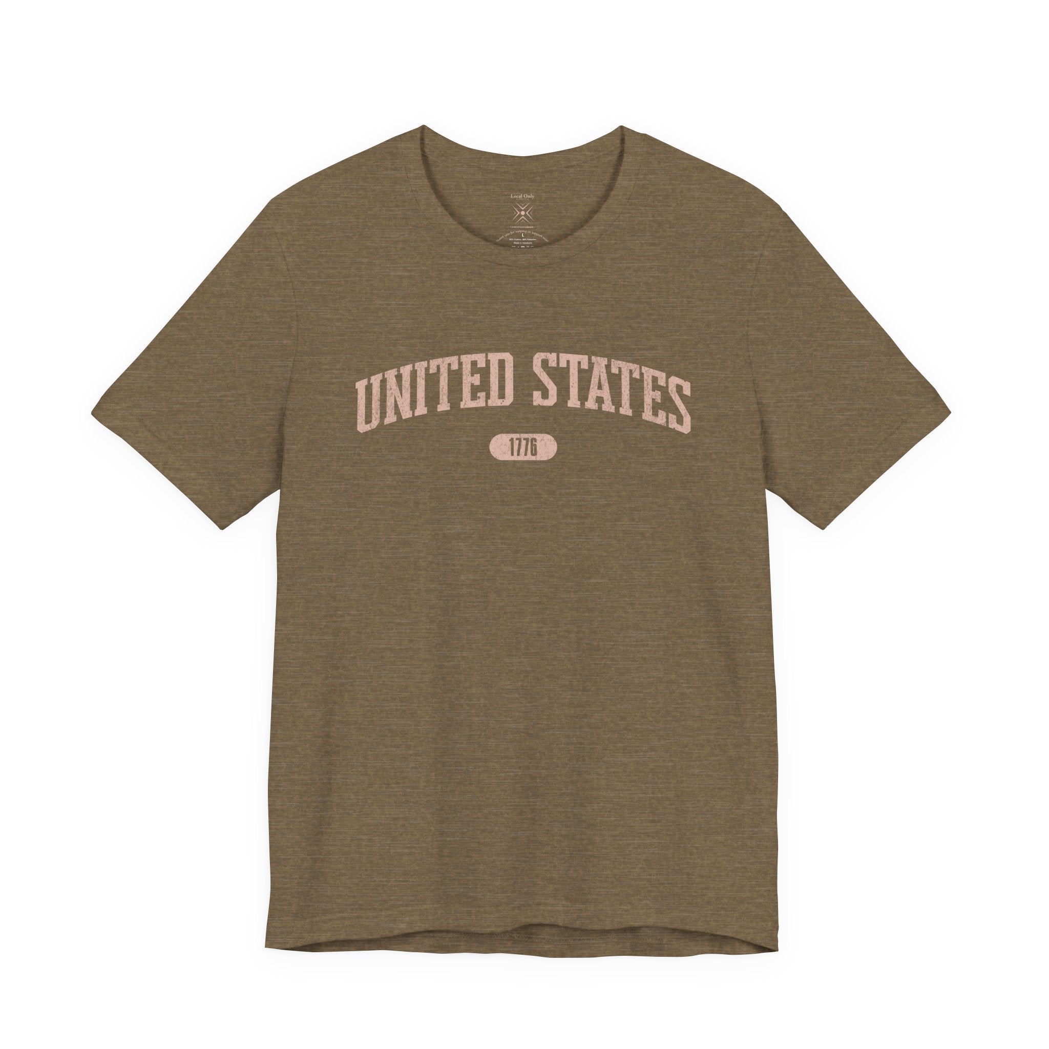 Heather Olive t-shirt with 'UNITED STATES 1776' in transcendent pink collegiate text.