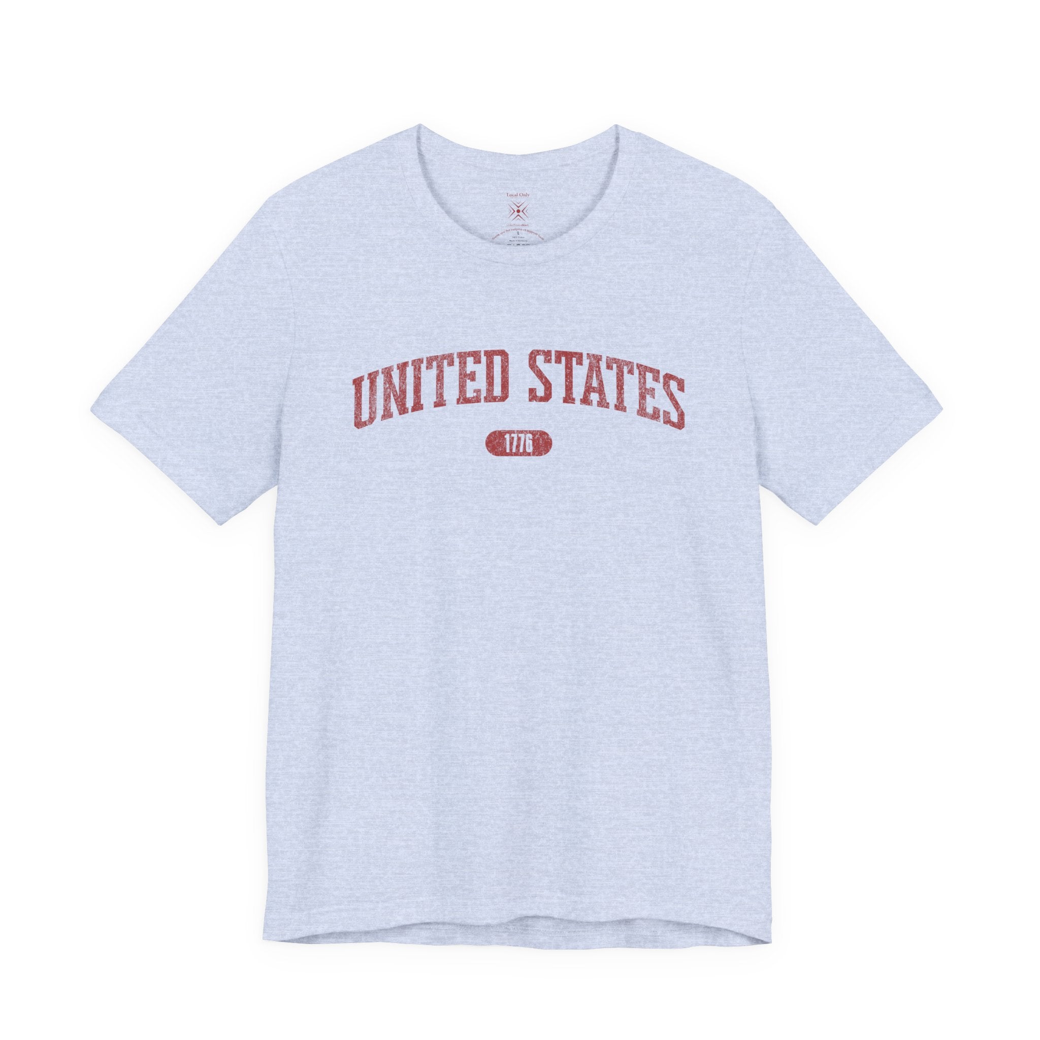 Heather Prism Blue t-shirt with 'UNITED STATES 1776' in red collegiate text