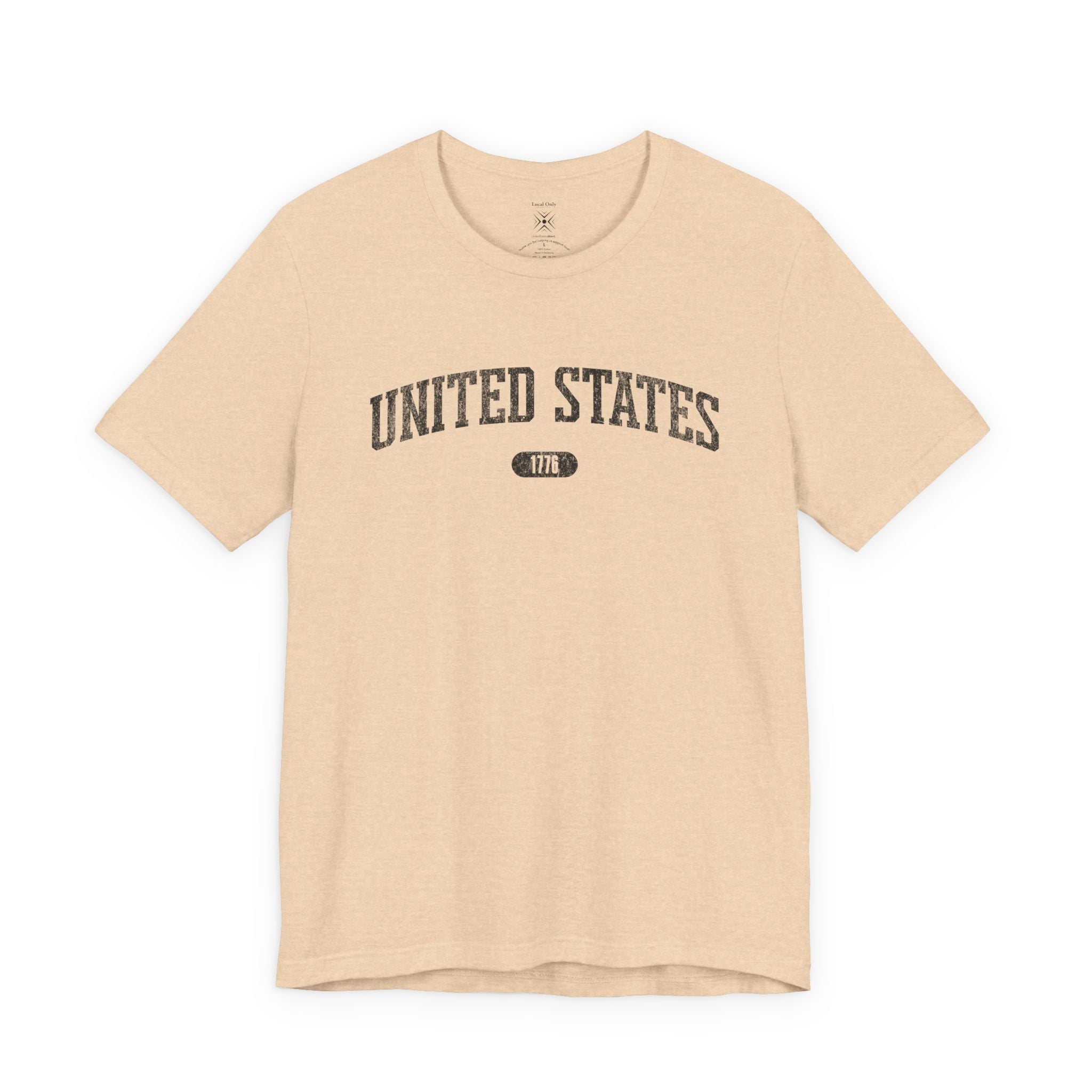 Heather Sand Dune t-shirt with 'UNITED STATES 1776' black collegiate text.