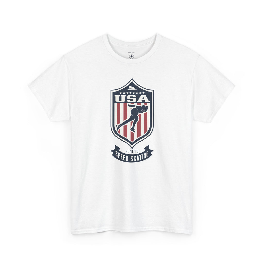 USA Home To Speed Skating Vintage Athletic T-Shirt – Navy Red White Crest Graphic