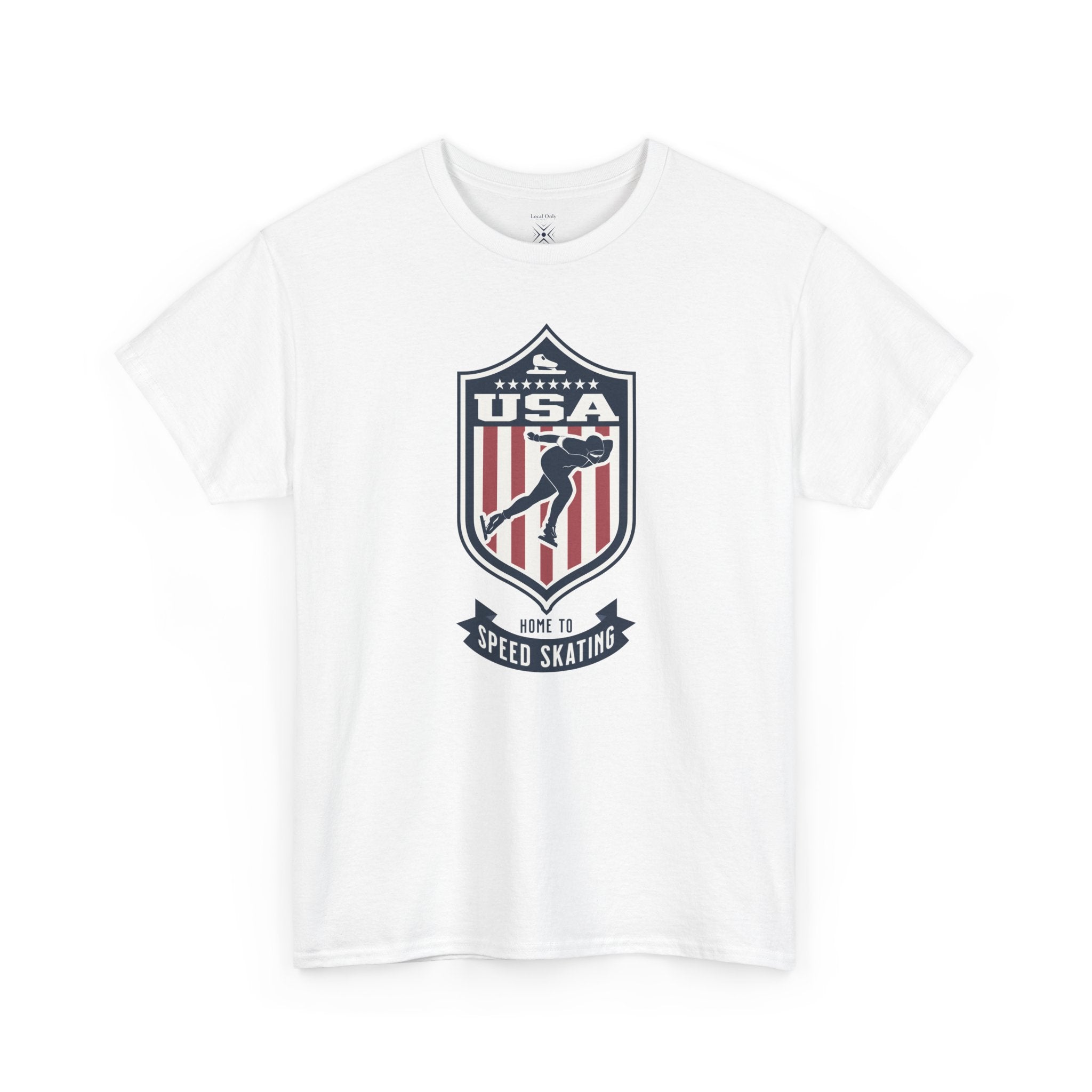 USA Home To Speed Skating Vintage Athletic T-Shirt – Navy Red White Crest Graphic