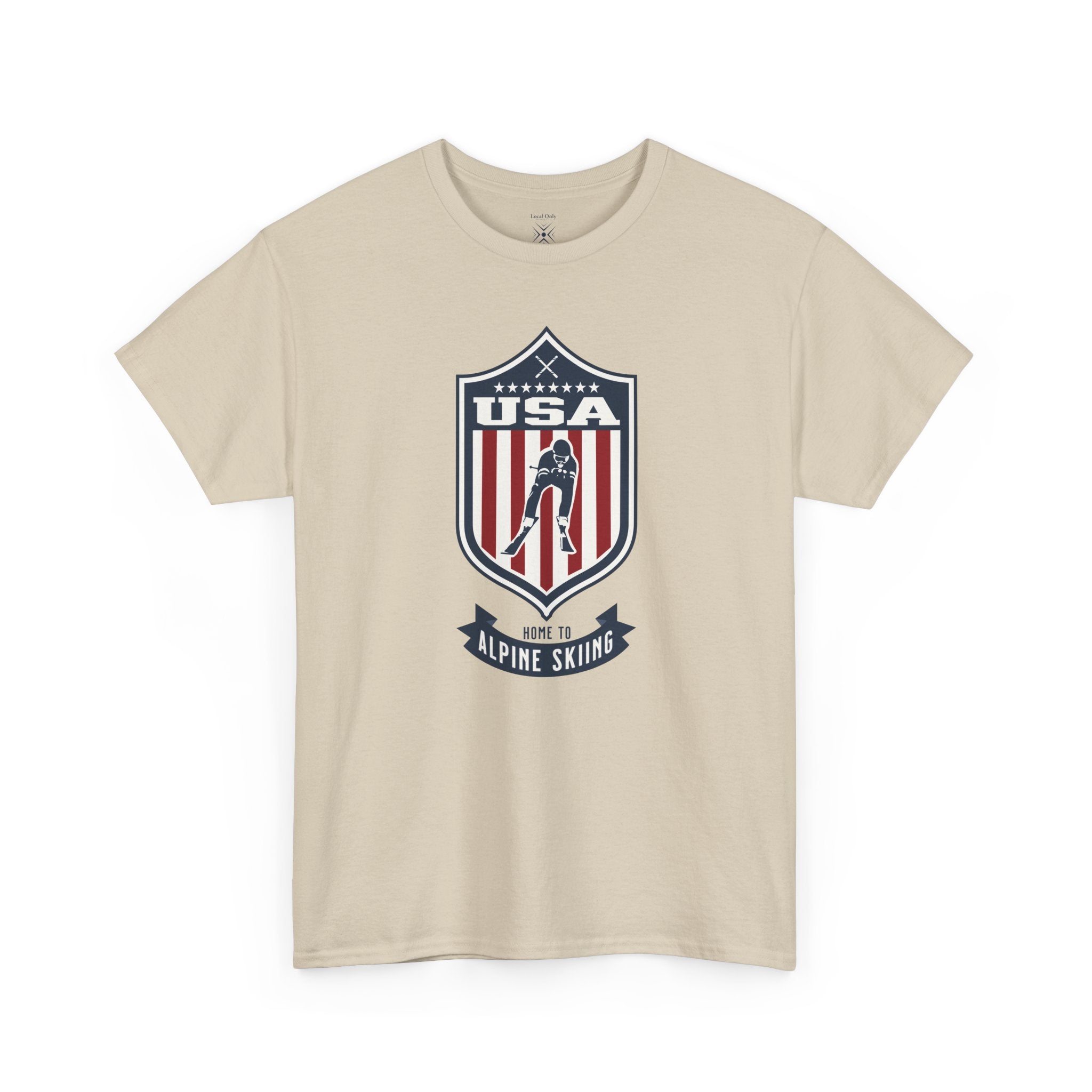 USA Home To Alpine Skiing Vintage Athletic T-Shirt – Navy Red White Crest Graphic