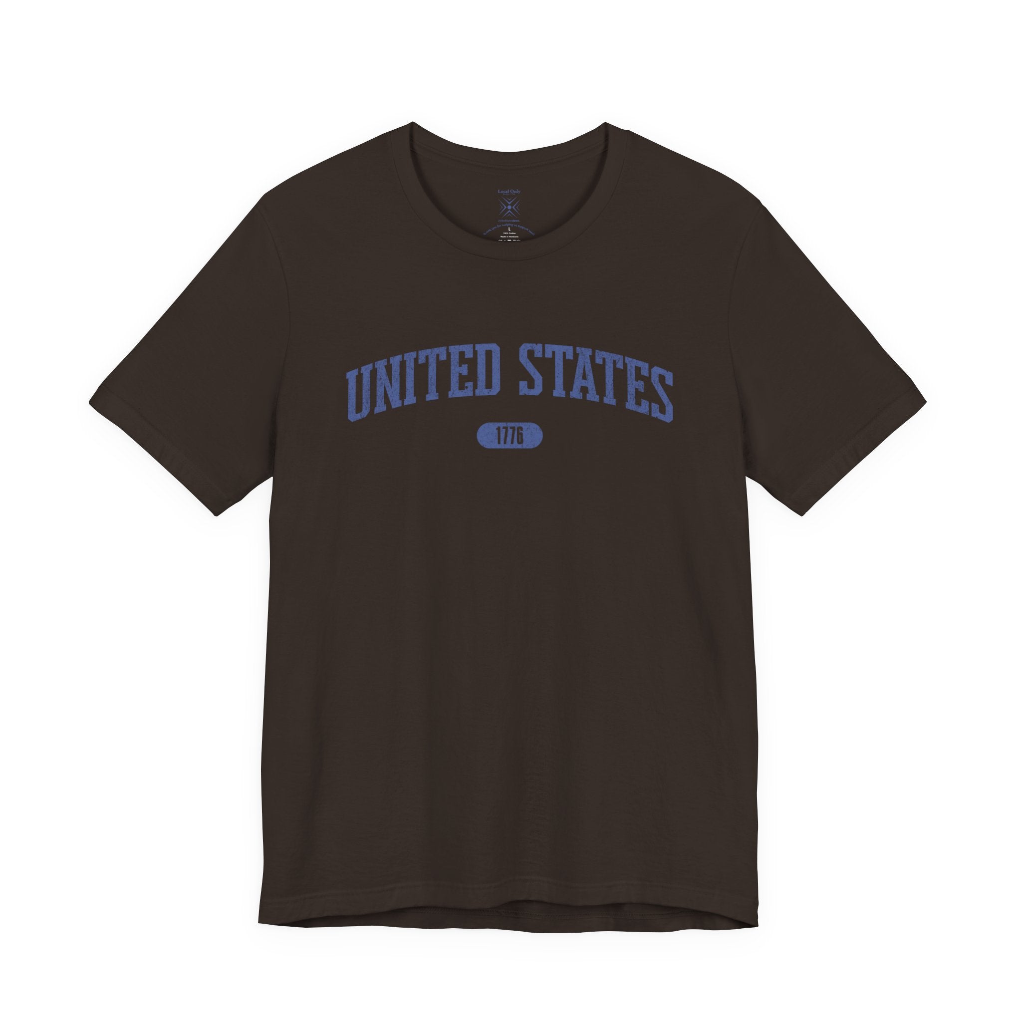 Brown t-shirt with 'UNITED STATES 1776' in blue collegiate text.