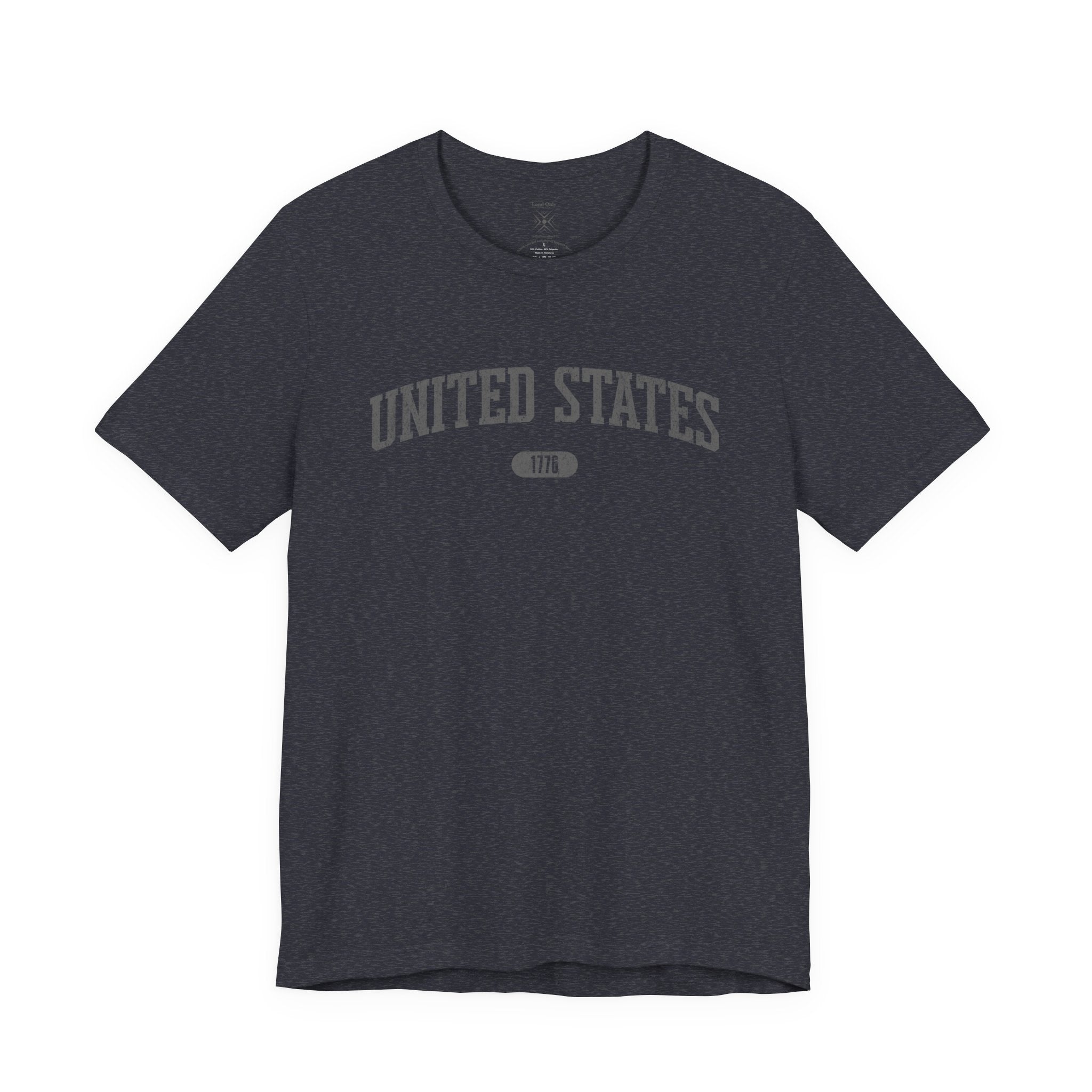 Heather Navy t-shirt with 'UNITED STATES 1776' in gray collegiate text.