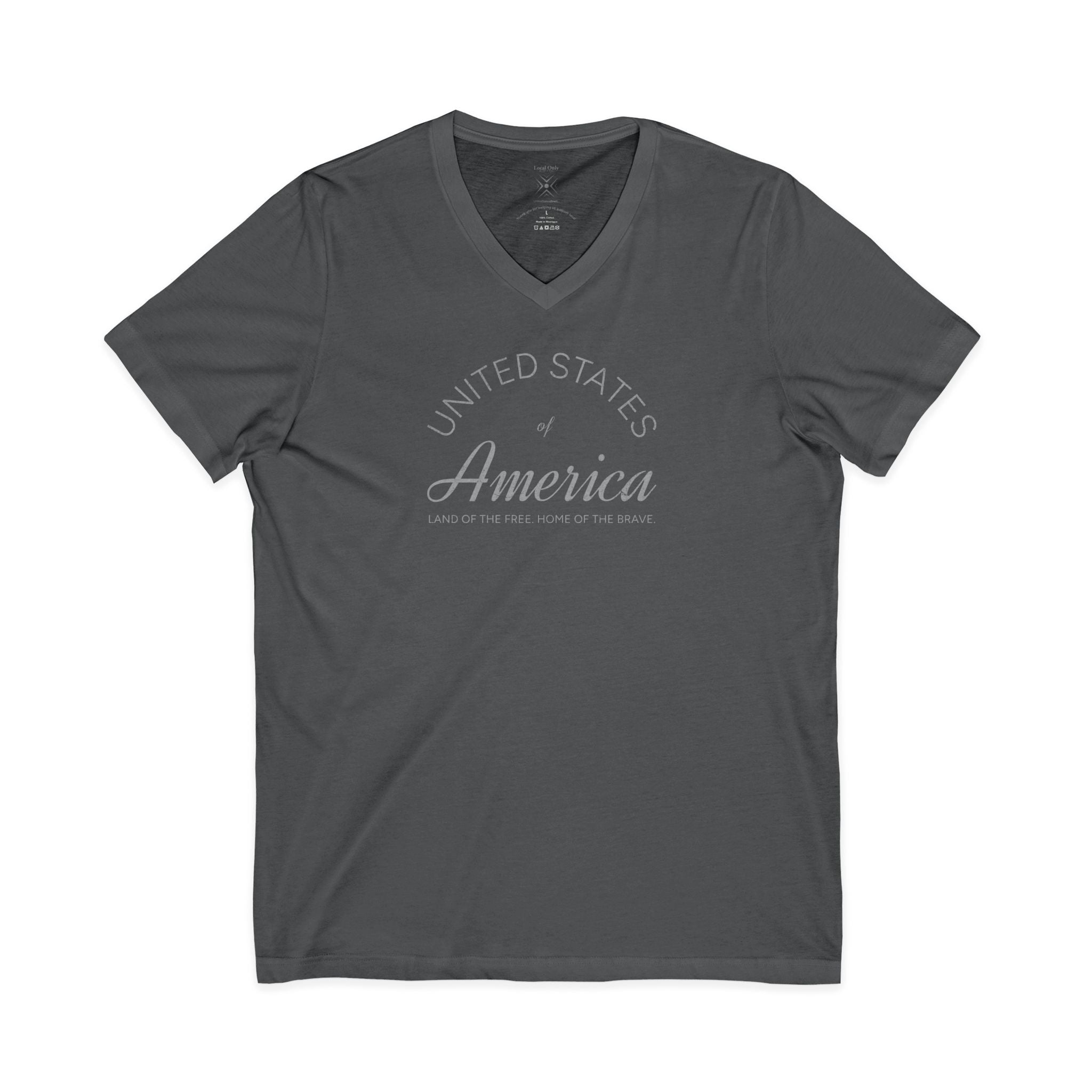 United States of America Land of the Free Home of the Brave Americana Script V-Neck Tee – Silver Gray Graphic