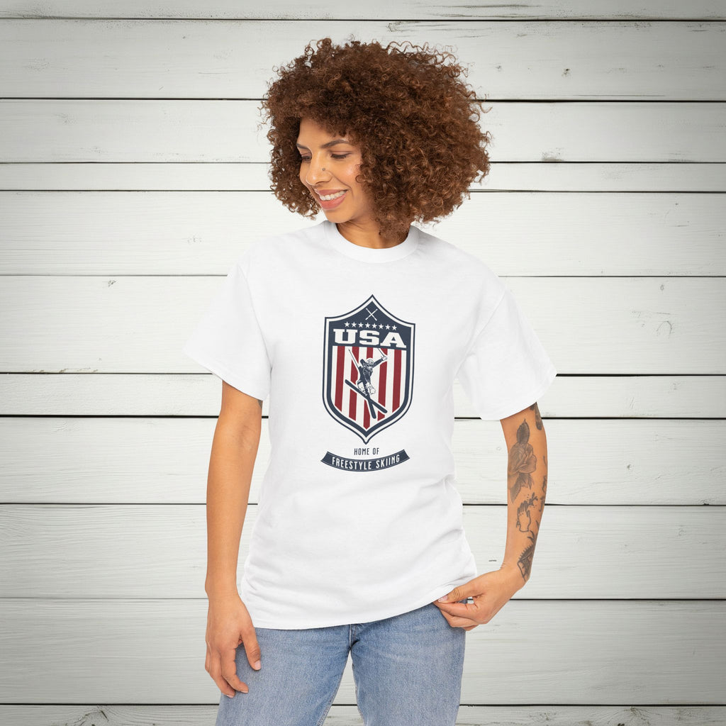 USA Home Of Freestyle Skiing Vintage Athletic T-Shirt – Navy Red White Crest Graphic