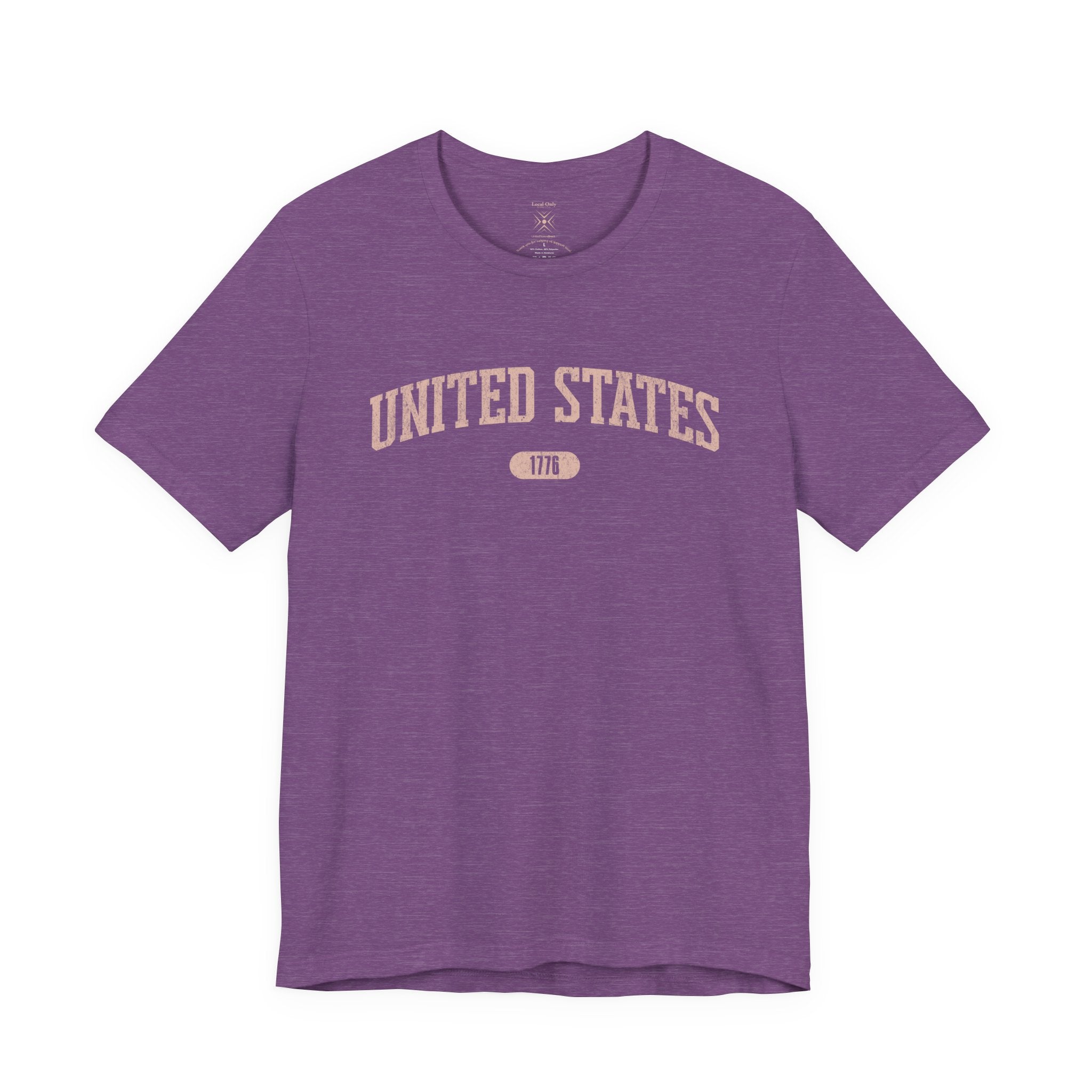 Heather Team Purple t-shirt with 'UNITED STATES 1776' in transcendent pink collegiate text.