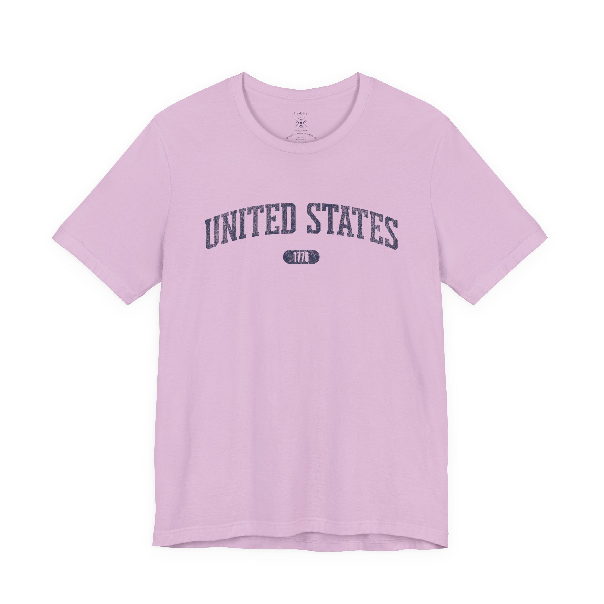 Lilac t-shirt with 'UNITED STATES 1776' in navy collegiate text.