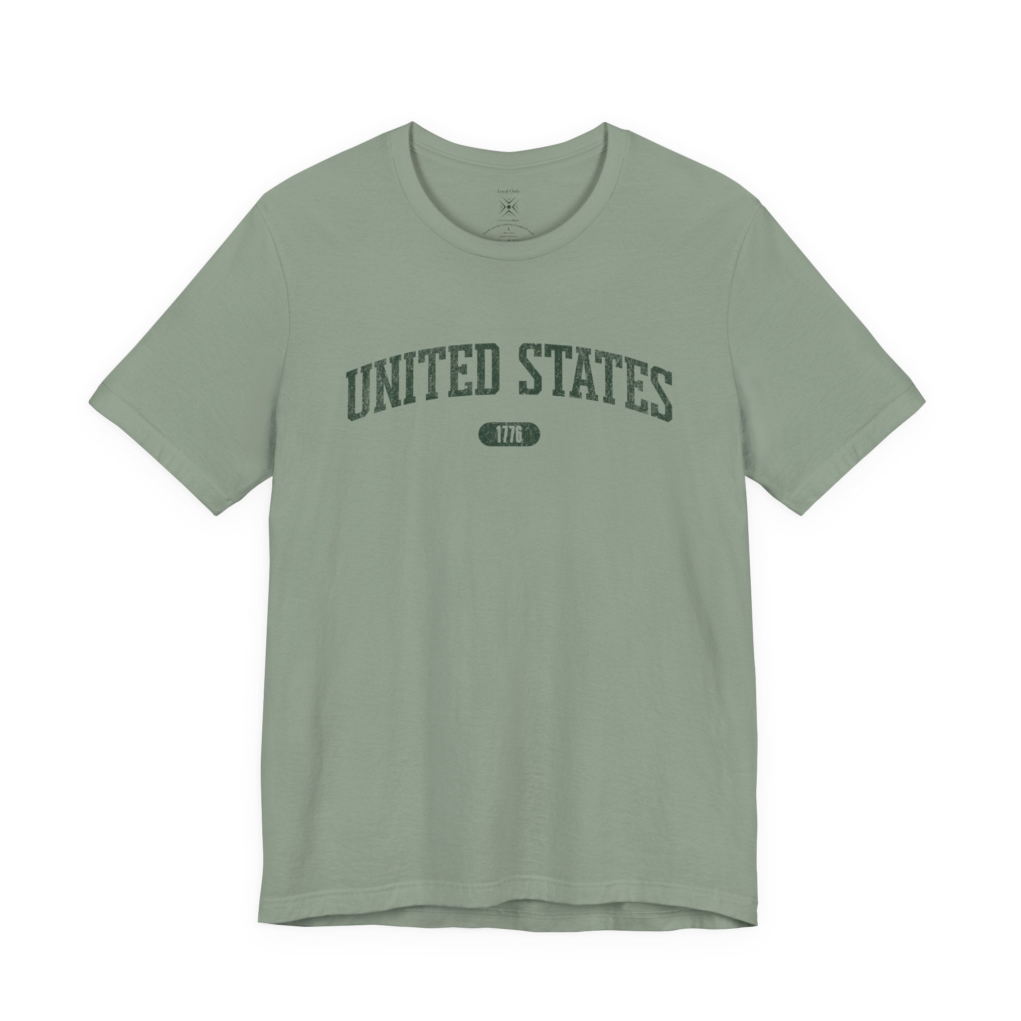 Sage t-shirt with 'UNITED STATES 1776' in forest green collegiate text.