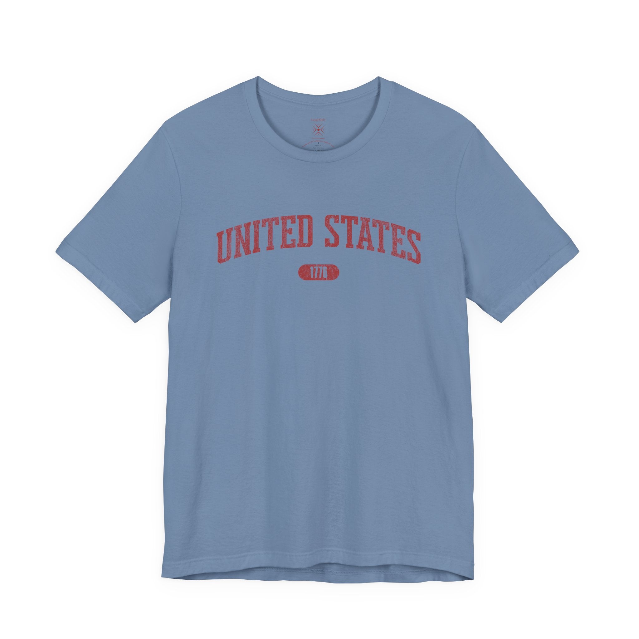 Steel Blue t-shirt with 'UNITED STATES 1776' in red collegiate text