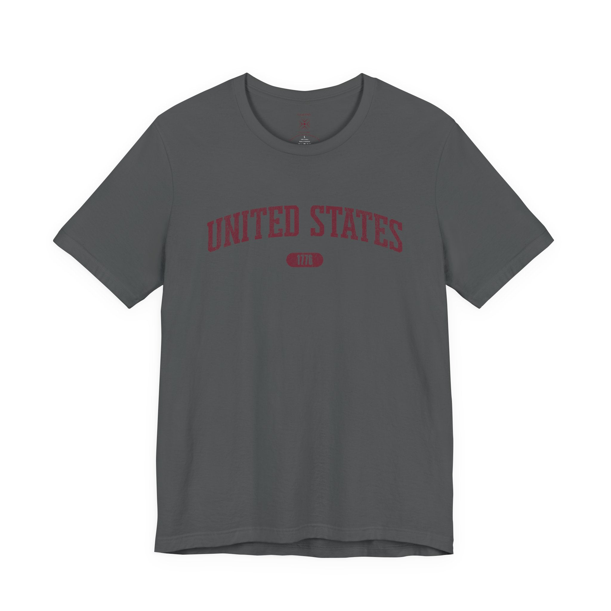 Asphalt t-shirt with 'UNITED STATES 1776' in burgundy collegiate text.
