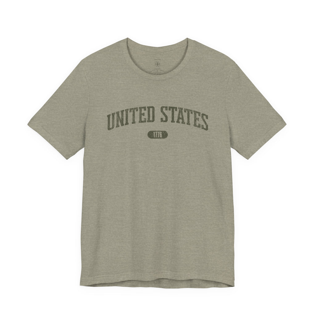 Heather Stone t-shirt with 'UNITED STATES 1776' in olive green collegiate text.