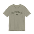 Heather Stone t-shirt with 'UNITED STATES 1776' in olive green collegiate text.