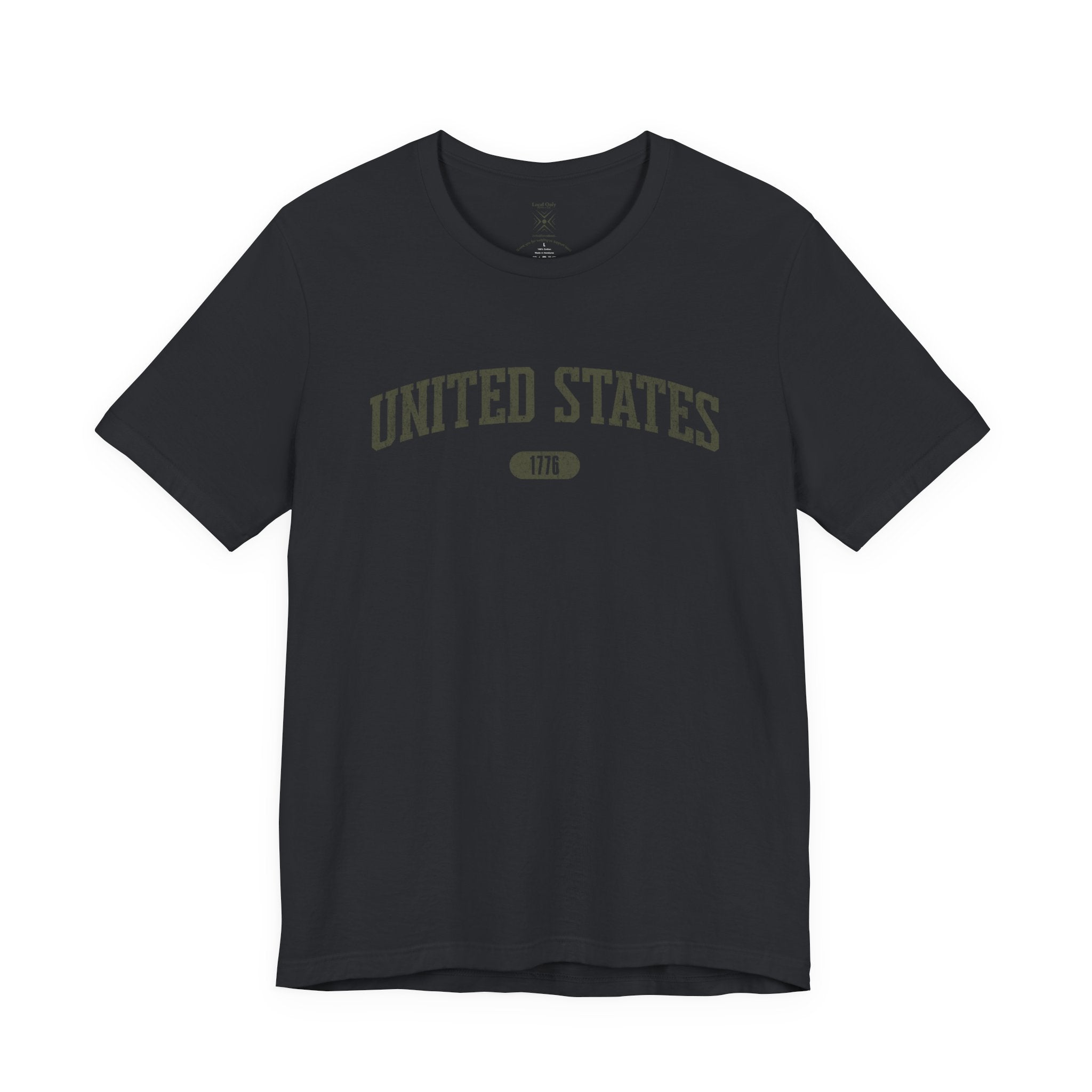 Vintage Black t-shirt with 'UNITED STATES 1776' in olive green collegiate text.
