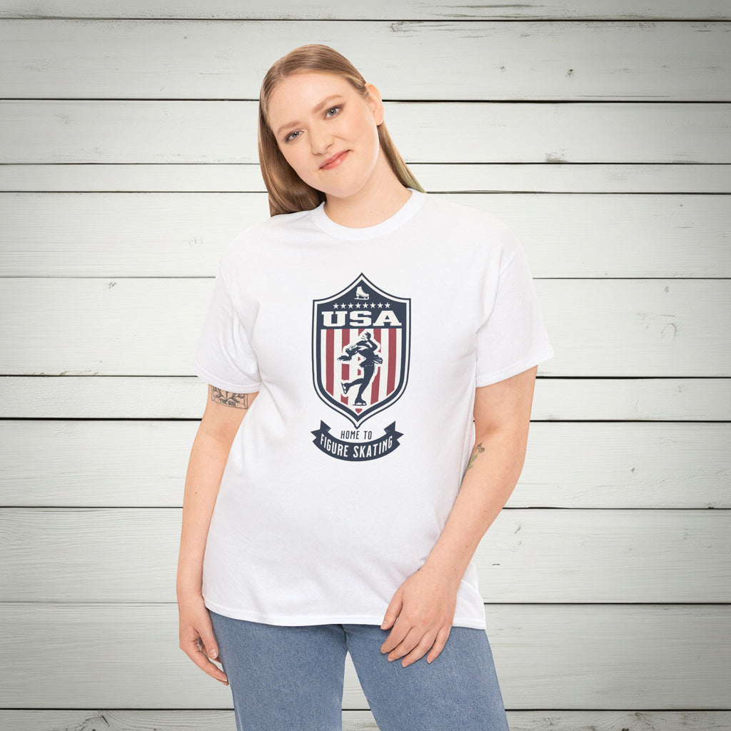 USA Home To Figure Skating Vintage Athletic T-Shirt – Navy Red White Crest Graphic