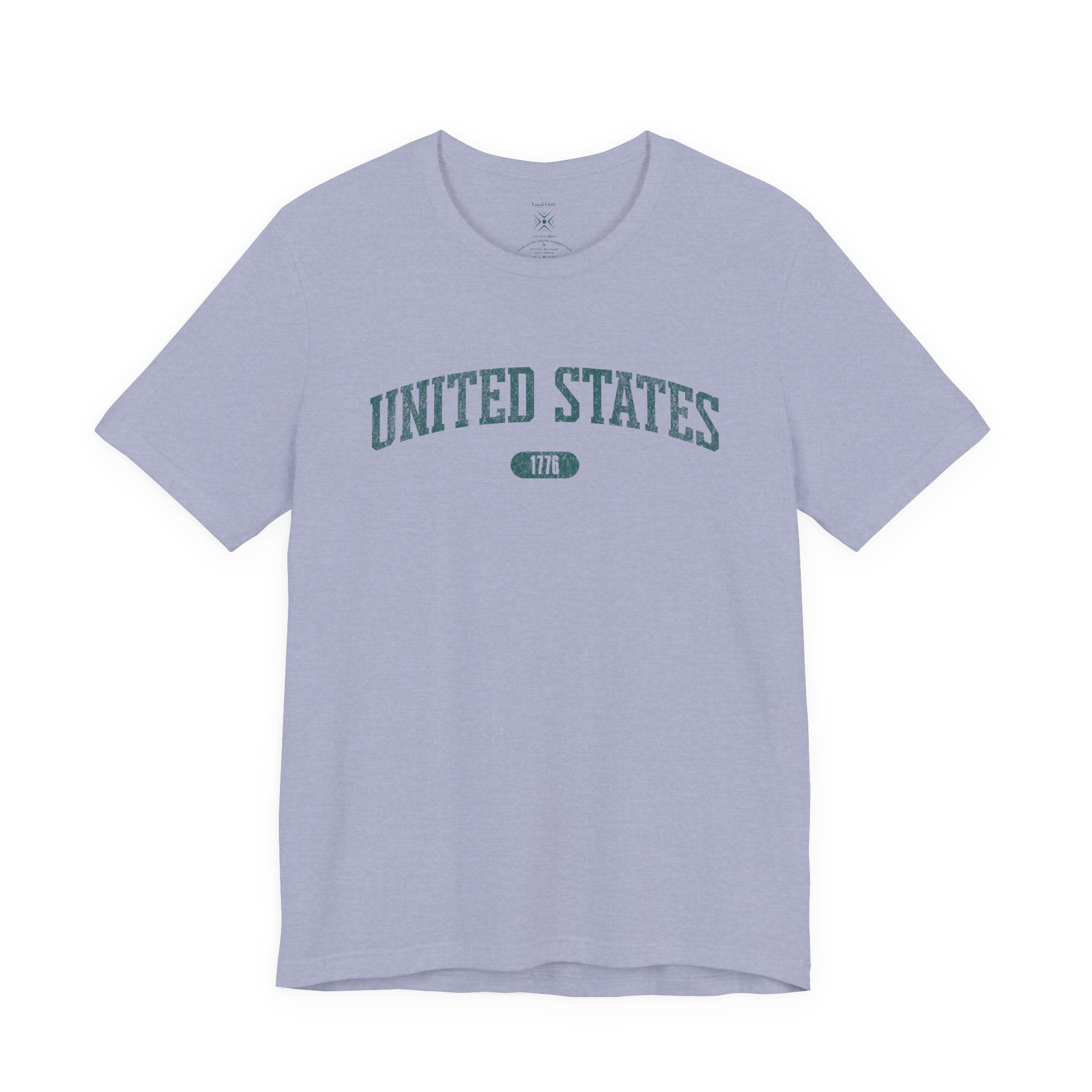 Heather Blue t-shirt with 'UNITED STATES 1776' in teal collegiate text.