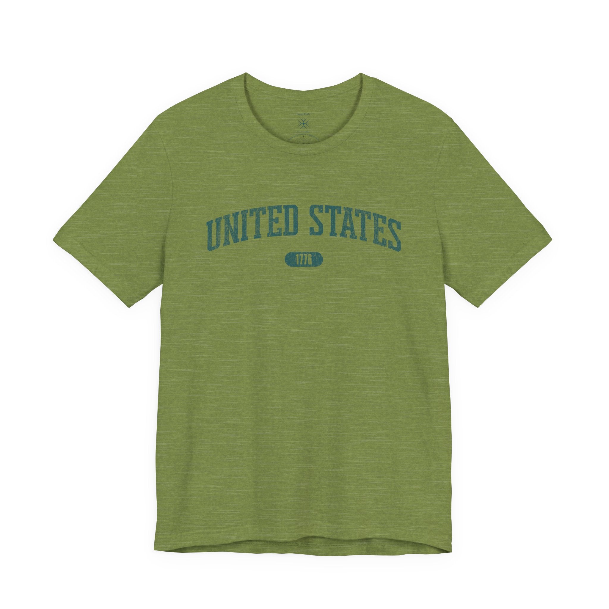Heather Green t-shirt with 'UNITED STATES 1776' in teal collegiate text.