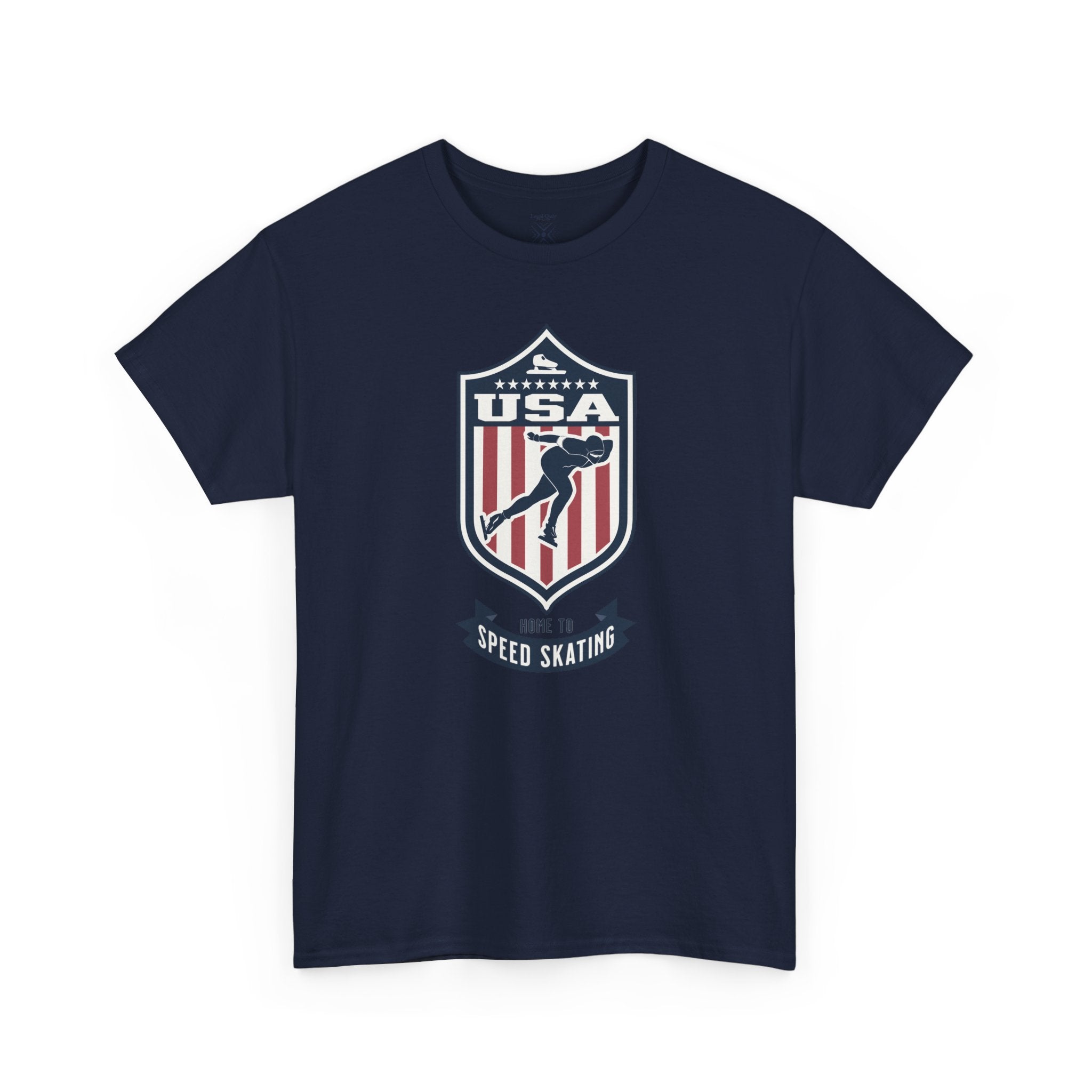 USA Home To Speed Skating Vintage Athletic T-Shirt – Navy Red White Crest Graphic