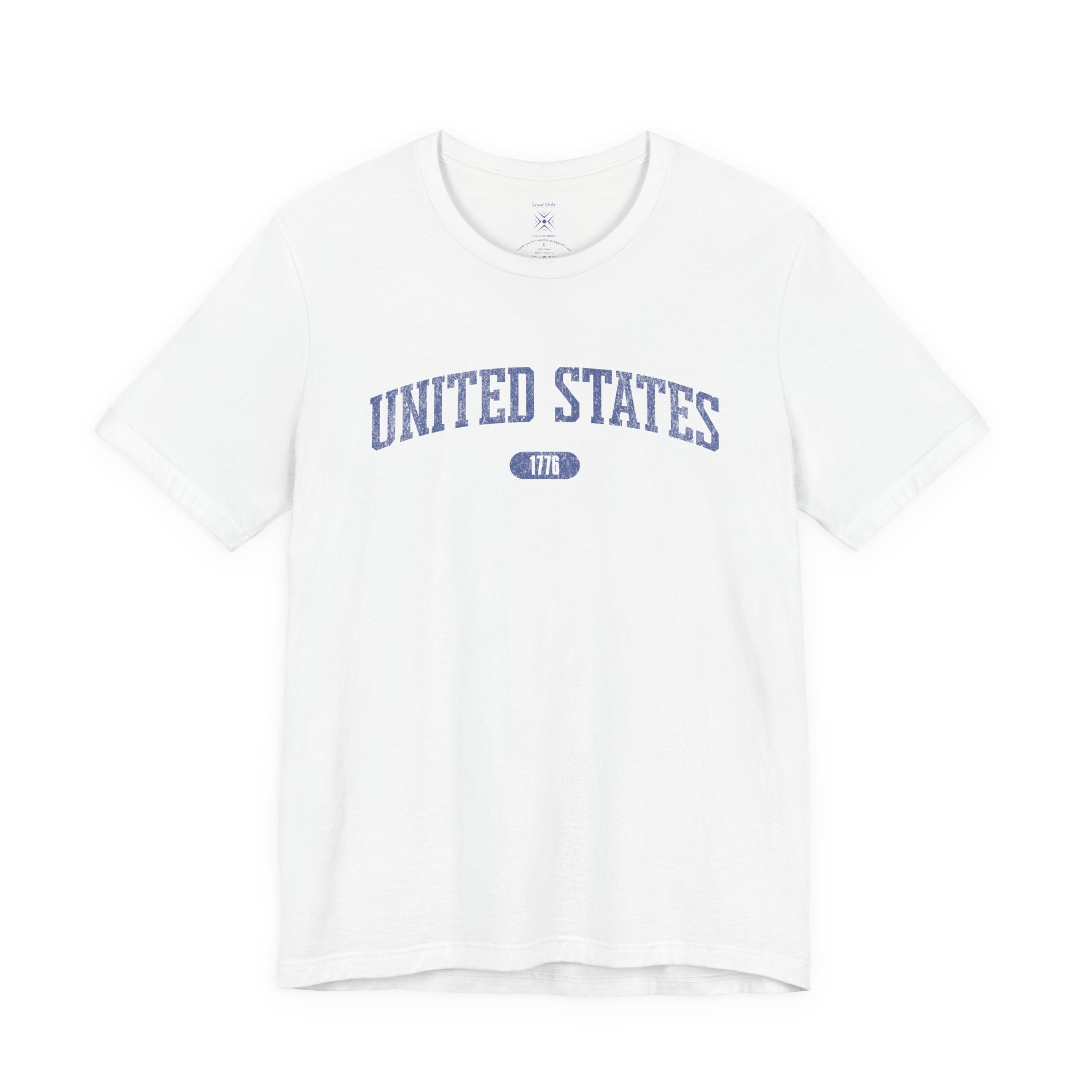 White t-shirt with 'UNITED STATES 1776' in blue collegiate text.