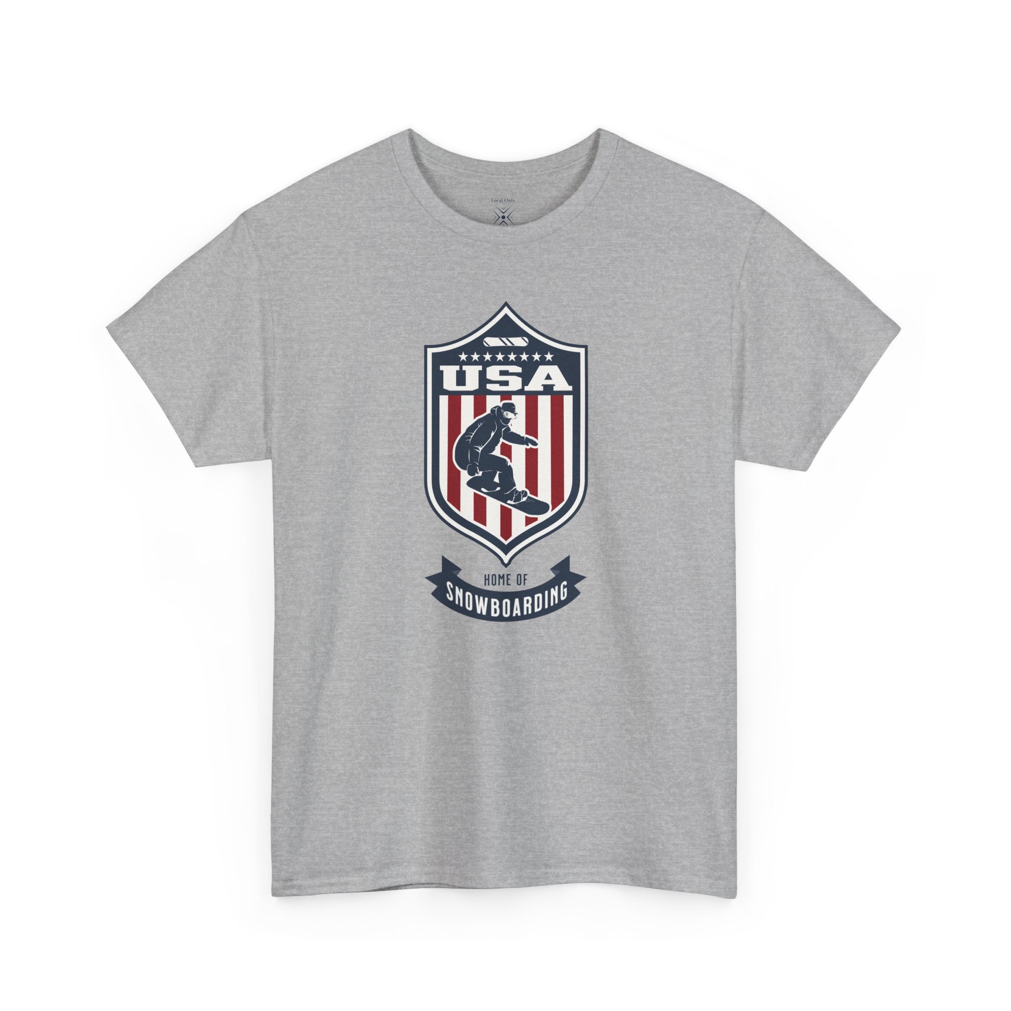 USA Home Of Snowboarding Vintage Athletic T-Shirt – Navy Red White Crest Graphic