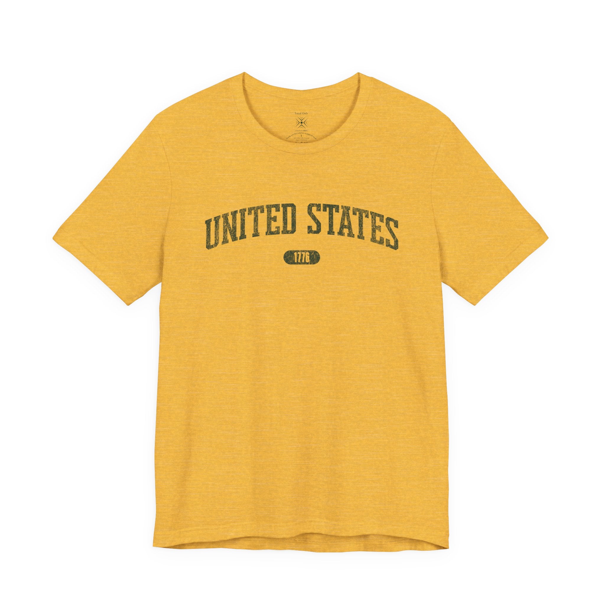 Heather Yellow Gold t-shirt with 'UNITED STATES 1776' in forest green collegiate text.