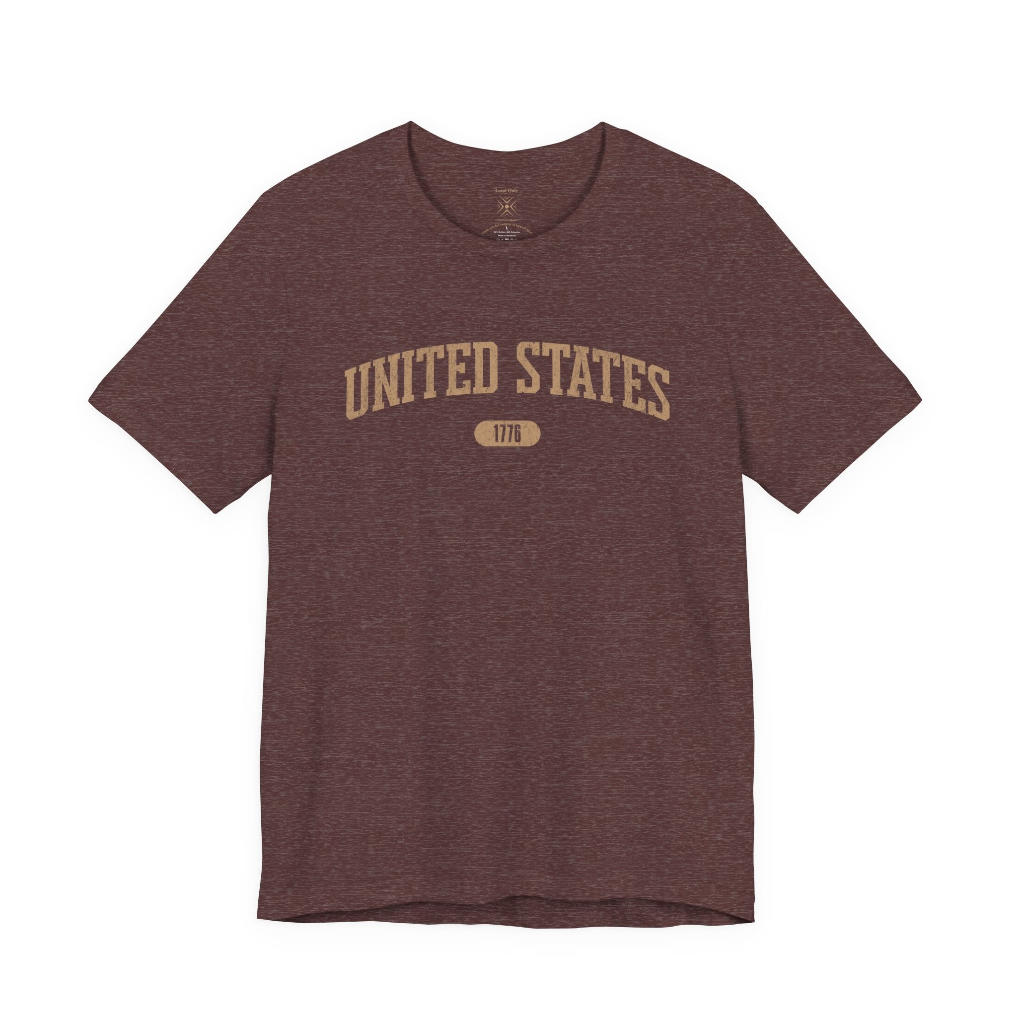 Heather Maroon t-shirt with 'UNITED STATES 1776' in tan collegiate text.