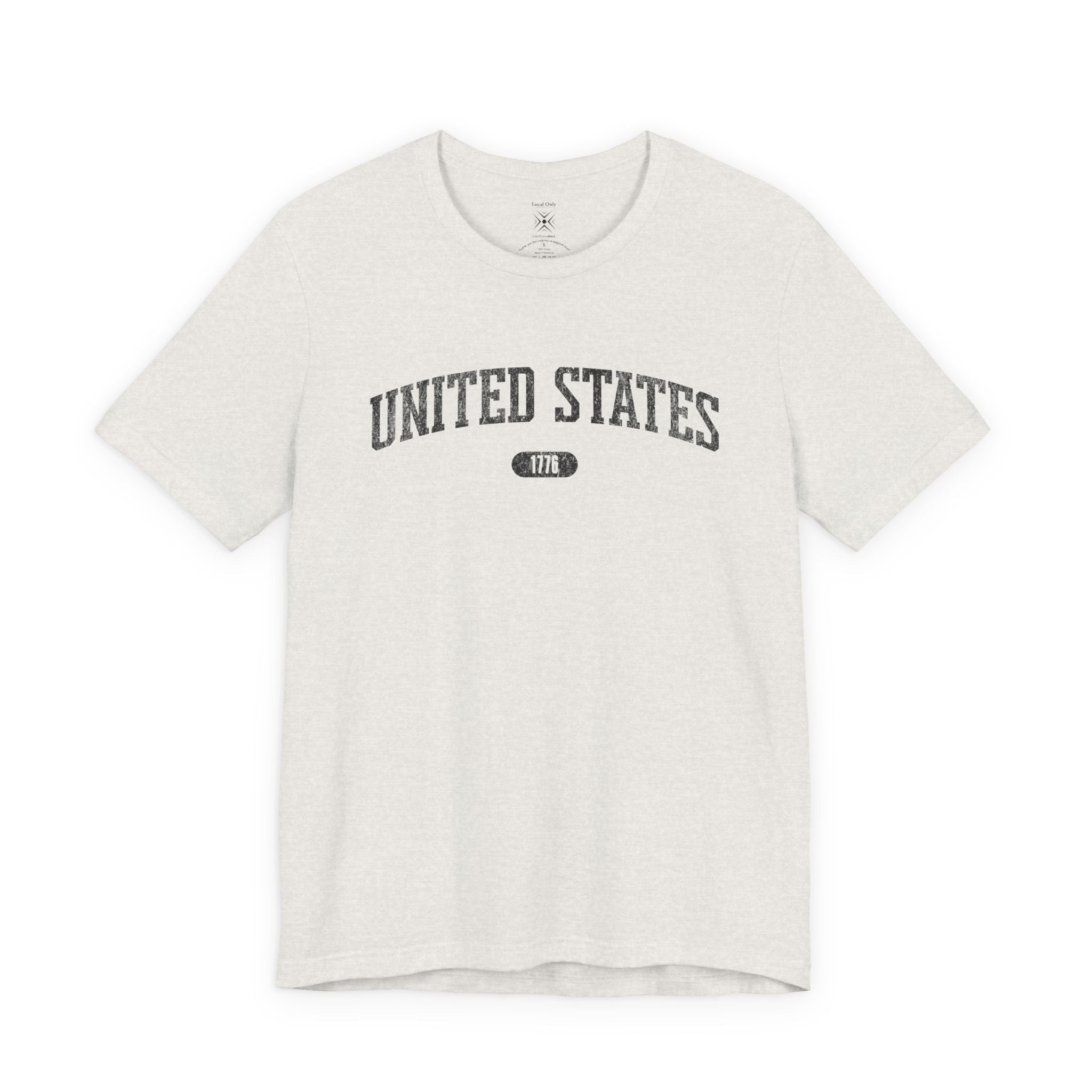 Heather Cement t-shirt with 'UNITED STATES 1776' black collegiate text.