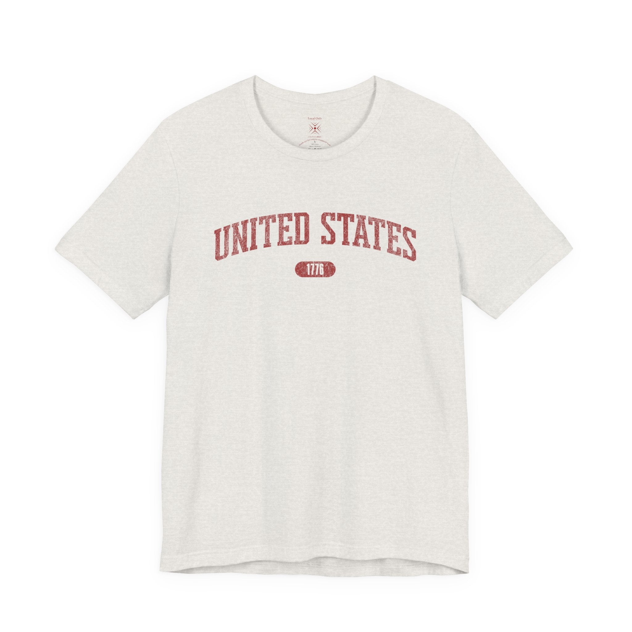 Heather Cement t-shirt with 'UNITED STATES 1776' in red collegiate text.