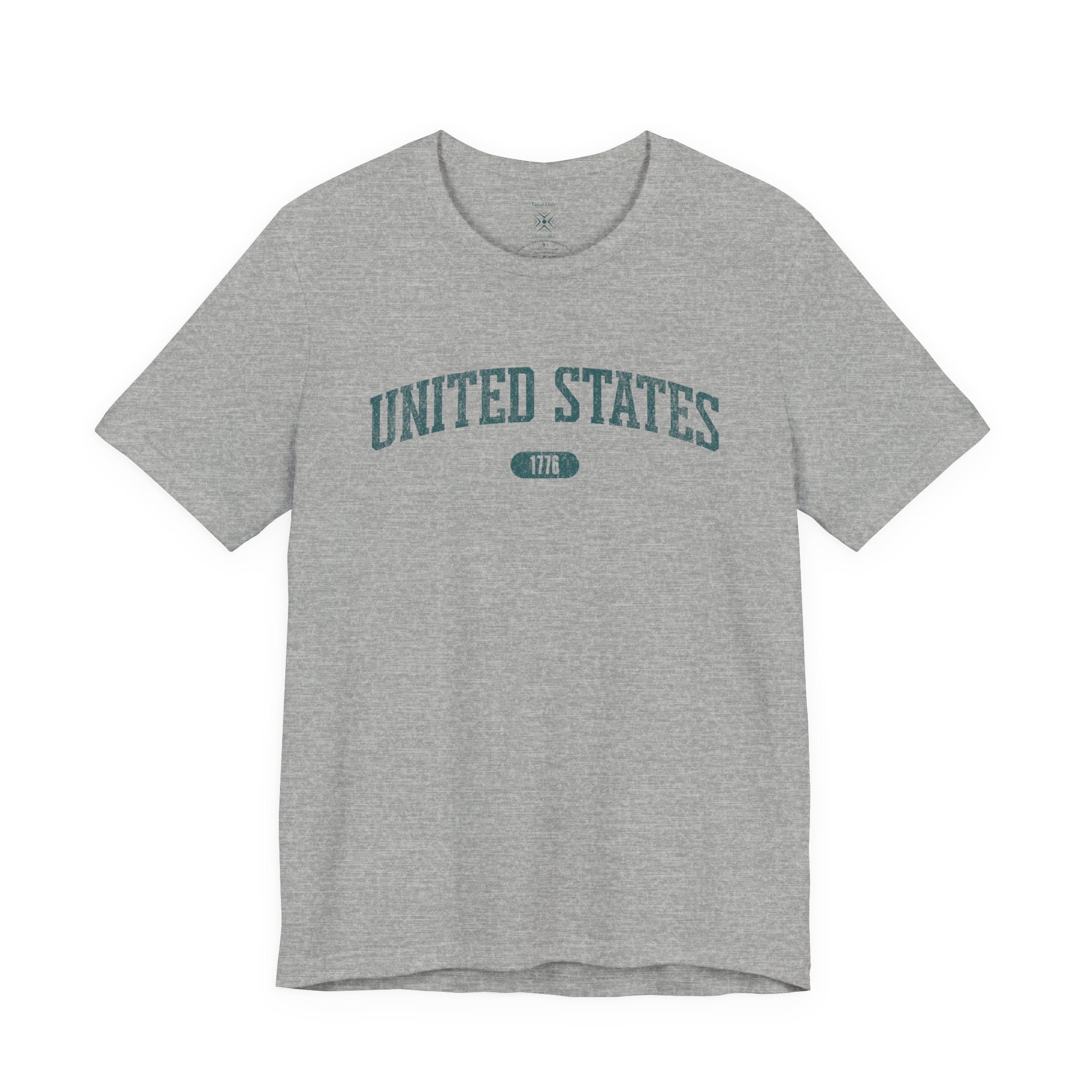 Athletic Heather t-shirt with 'UNITED STATES 1776' in teal collegiate text.