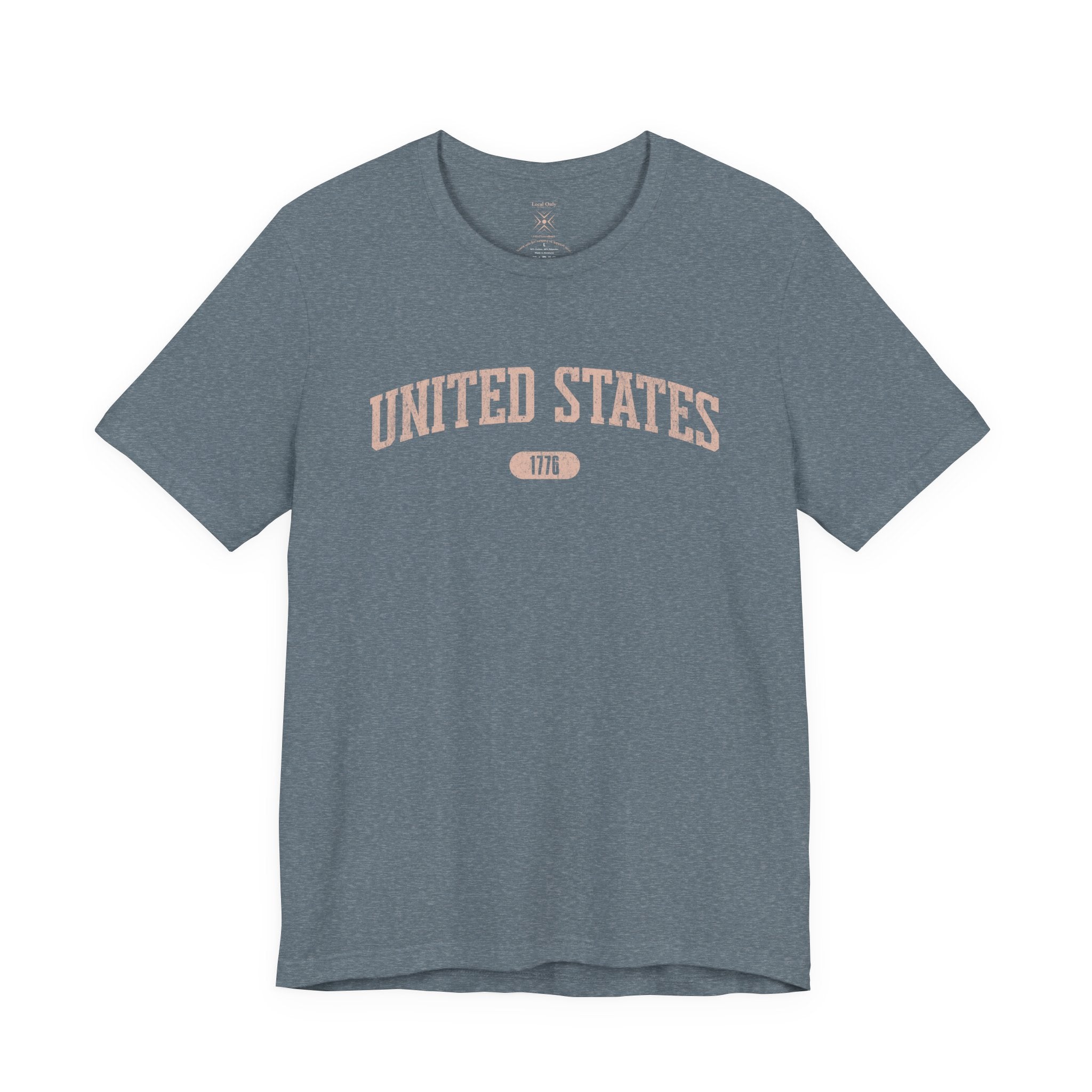 Heather Slate t-shirt with 'UNITED STATES 1776' in transcendent pink collegiate text.