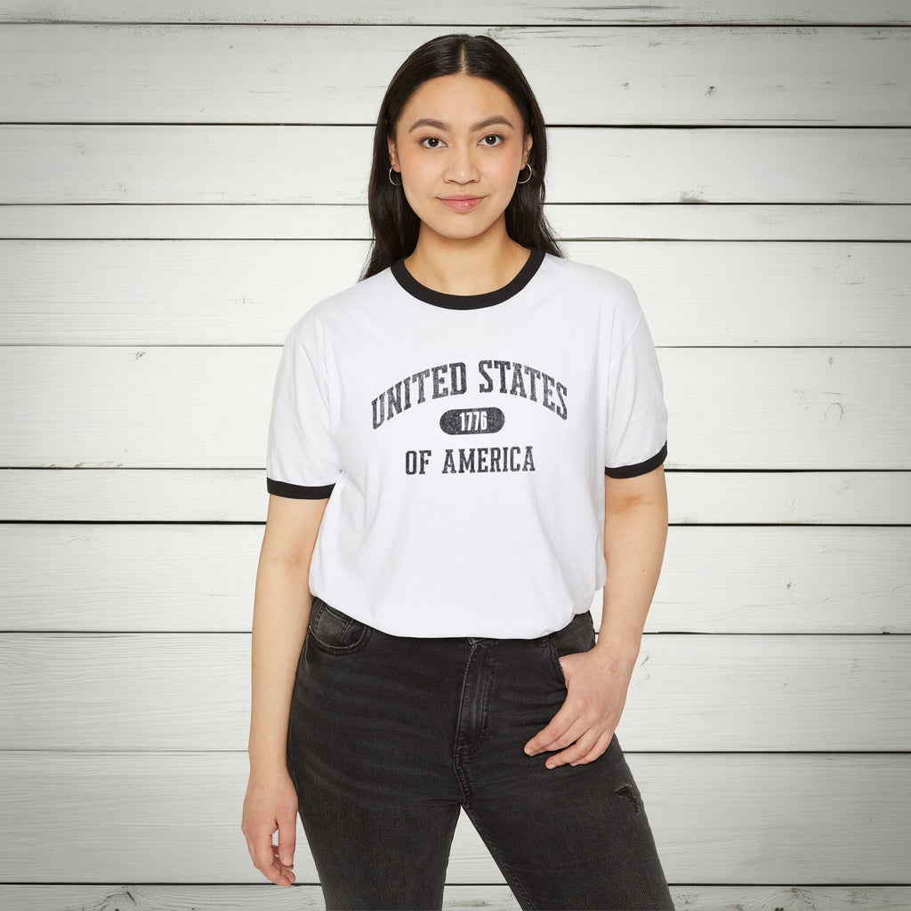 United States of America 1776 Vintage Collegiate Ringer Tee – Black Graphic – Neutrals with Black Trim