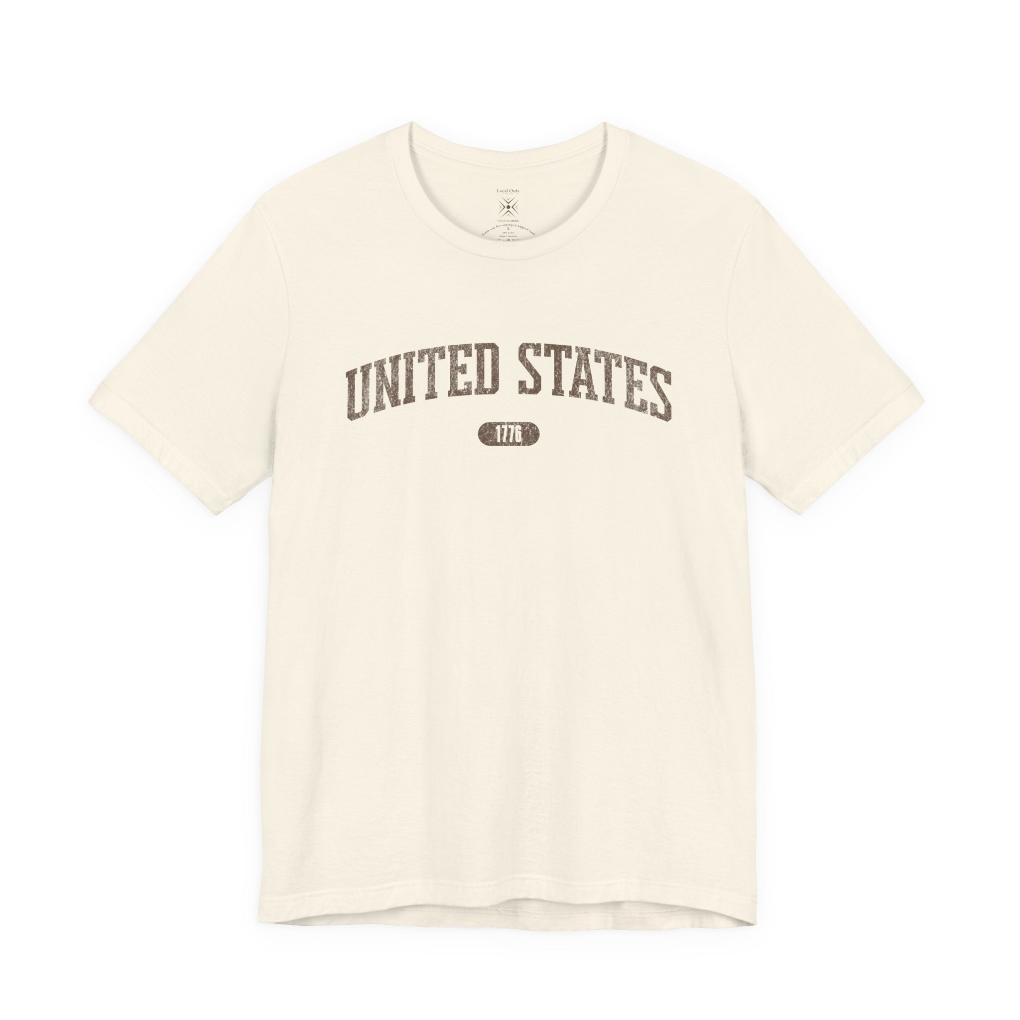 Natural t-shirt with 'UNITED STATES 1776' in brown collegiate text.