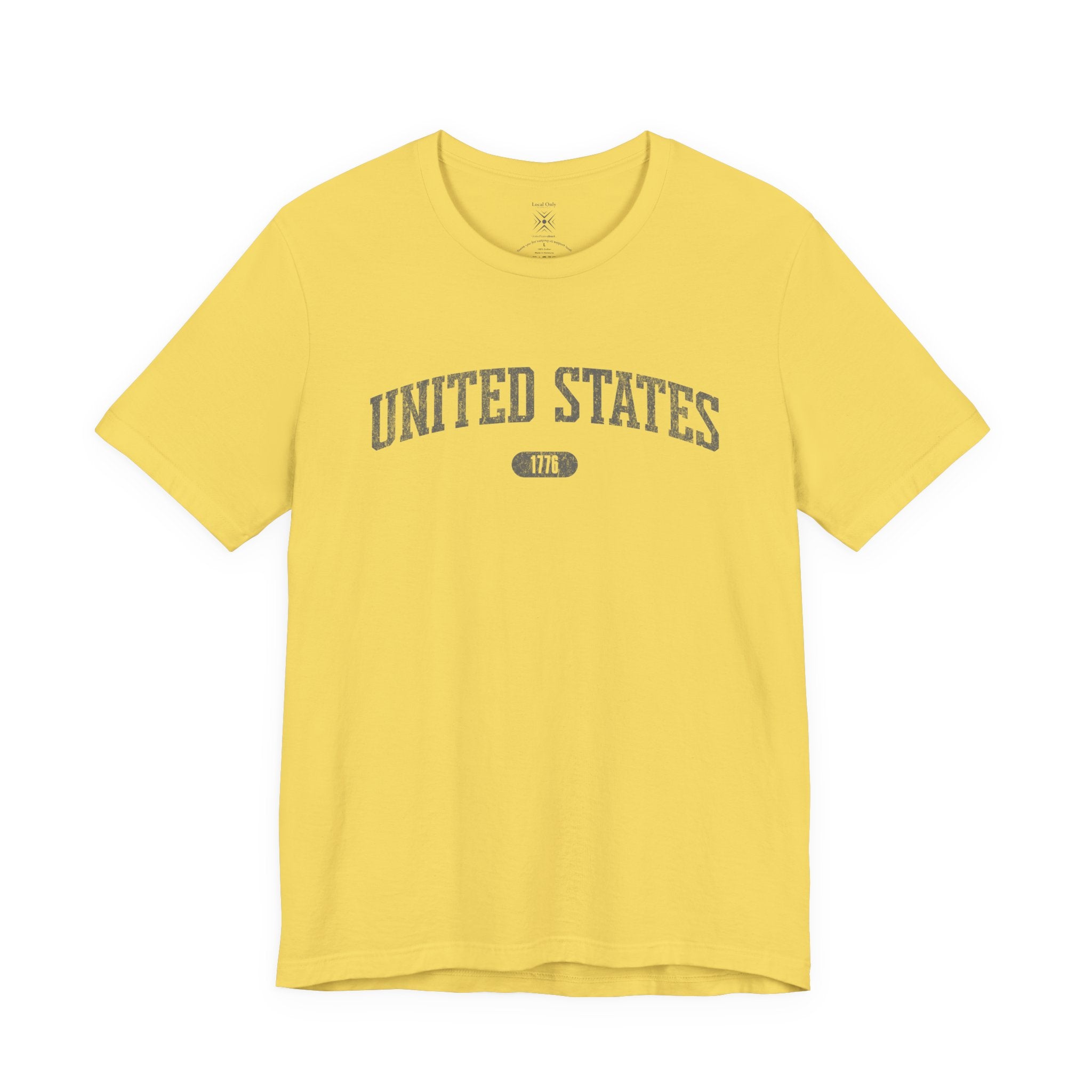 Maize Yellow t-shirt with 'UNITED STATES 1776' in gray collegiate text.