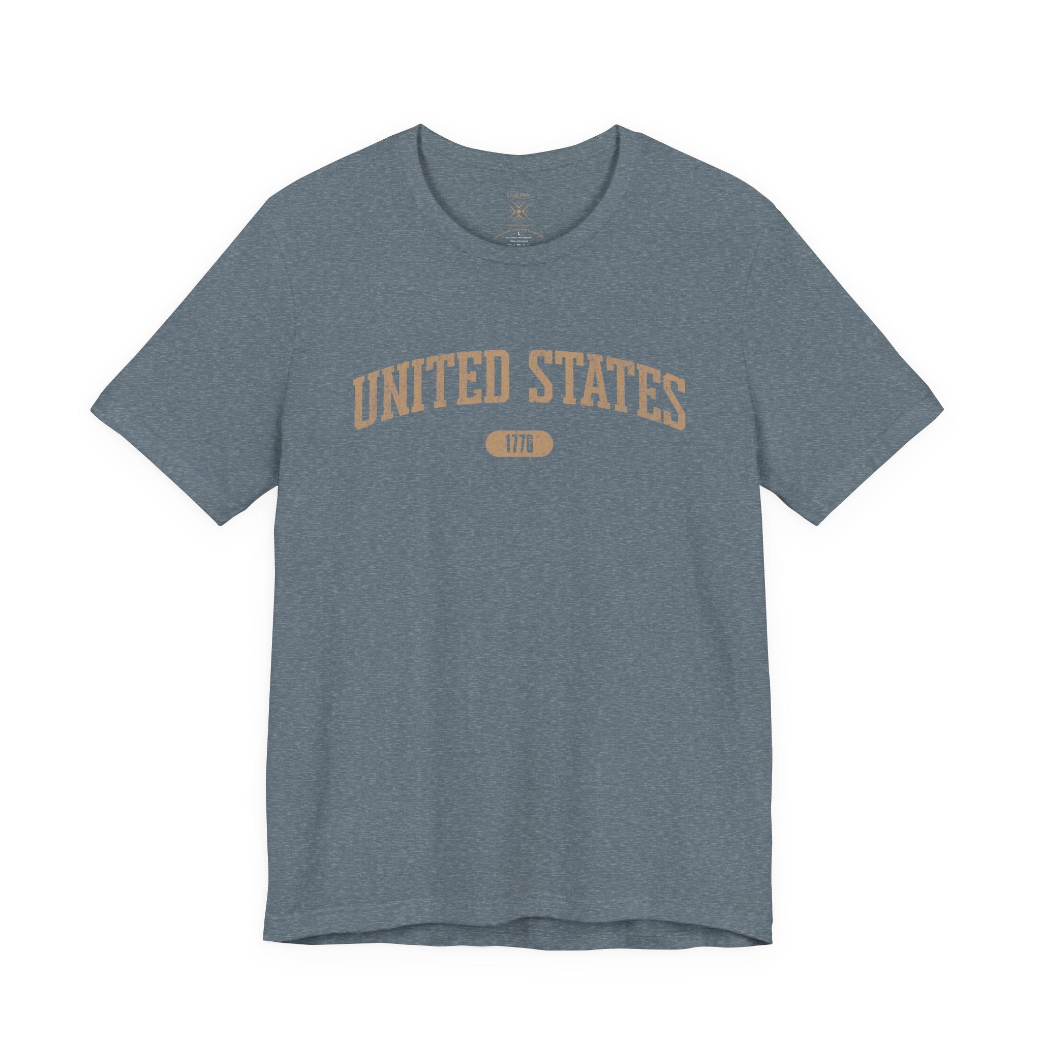 Heather Slate t-shirt with 'UNITED STATES 1776' in tan collegiate text.