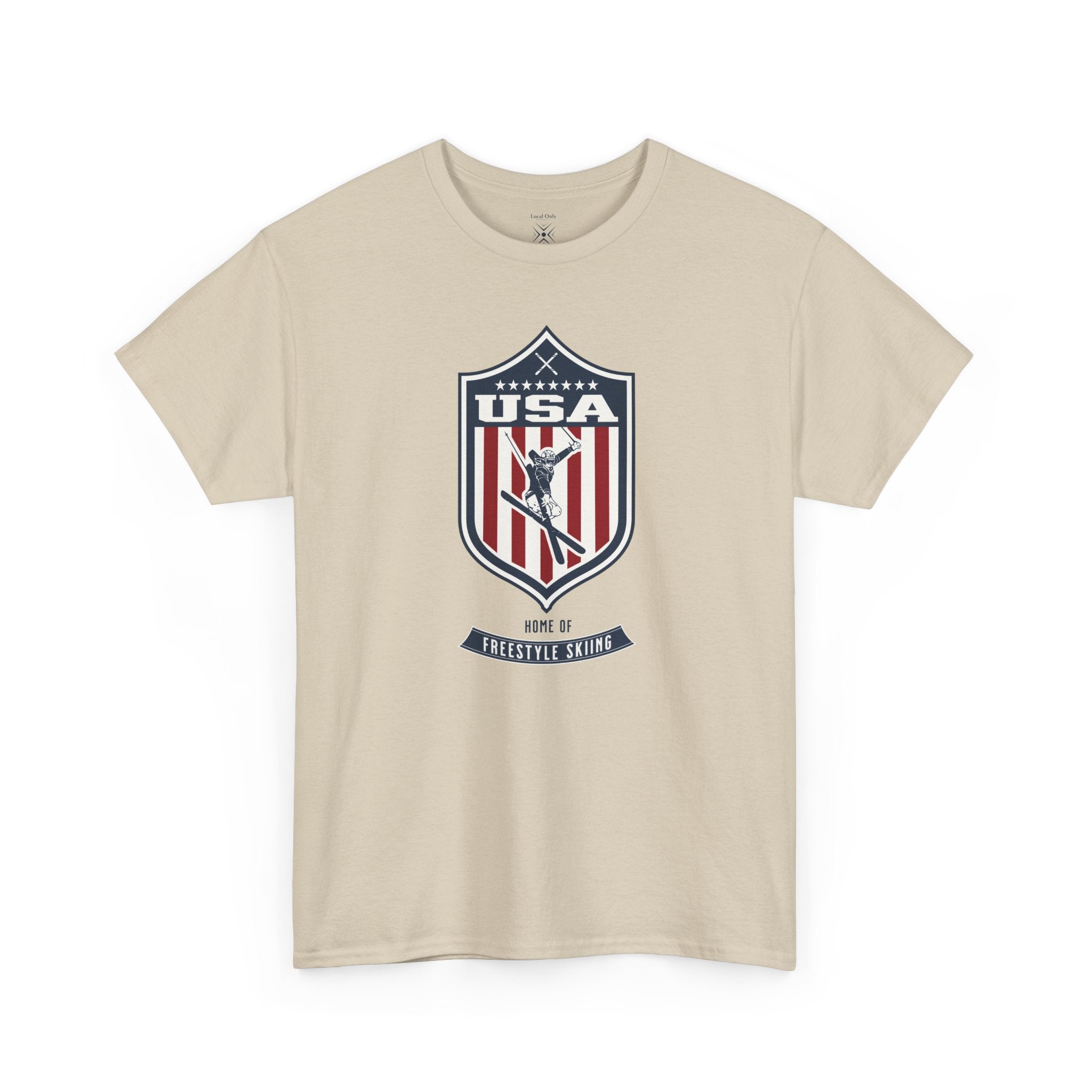 USA Home Of Freestyle Skiing Vintage Athletic T-Shirt – Navy Red White Crest Graphic