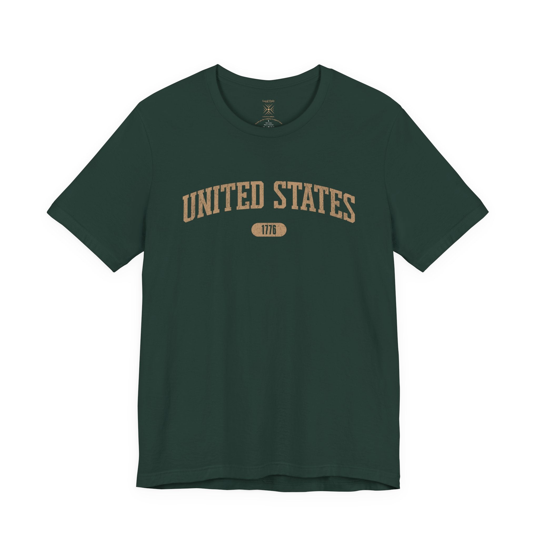 Forest t-shirt with 'UNITED STATES 1776' in tan collegiate text.