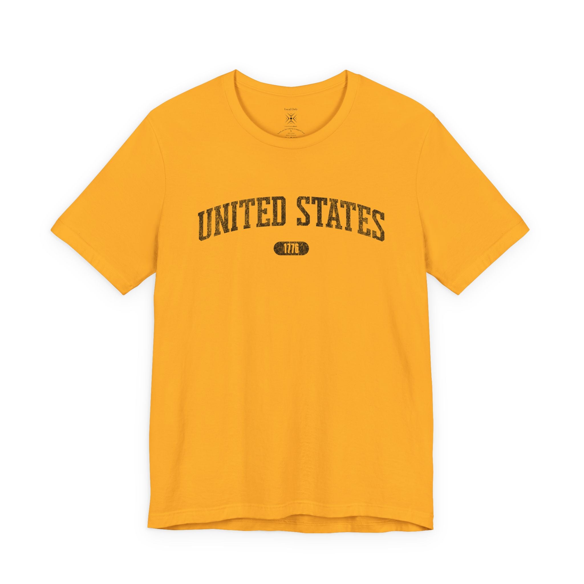Gold t-shirt with 'UNITED STATES 1776' in black collegiate text.