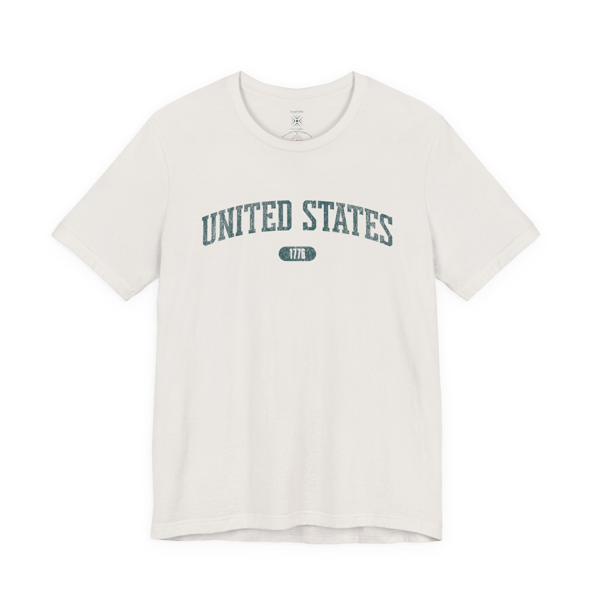 Vintage White t-shirt with 'UNITED STATES 1776' in teal collegiate text.