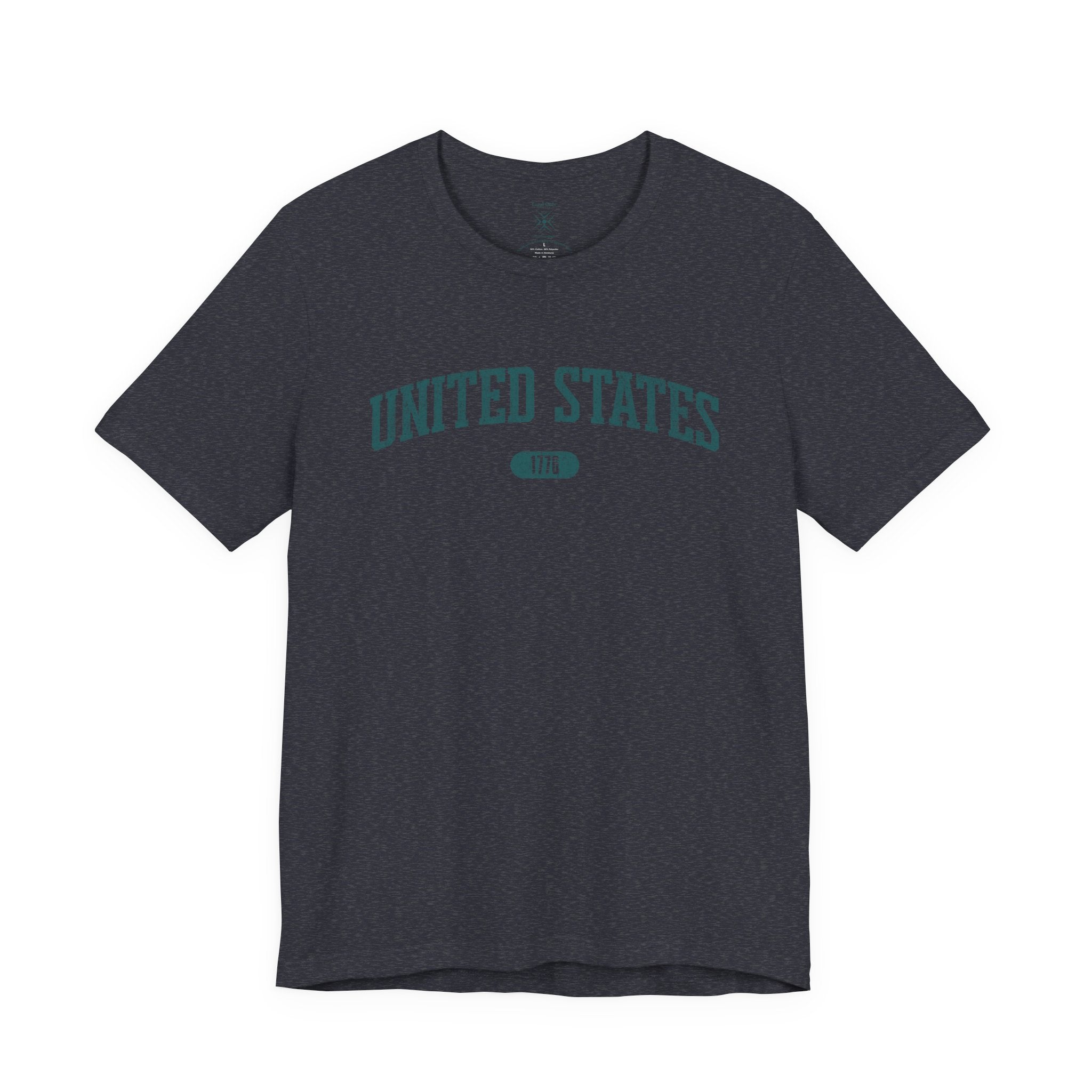 Heather Navy t-shirt with 'UNITED STATES 1776' in teal collegiate text.