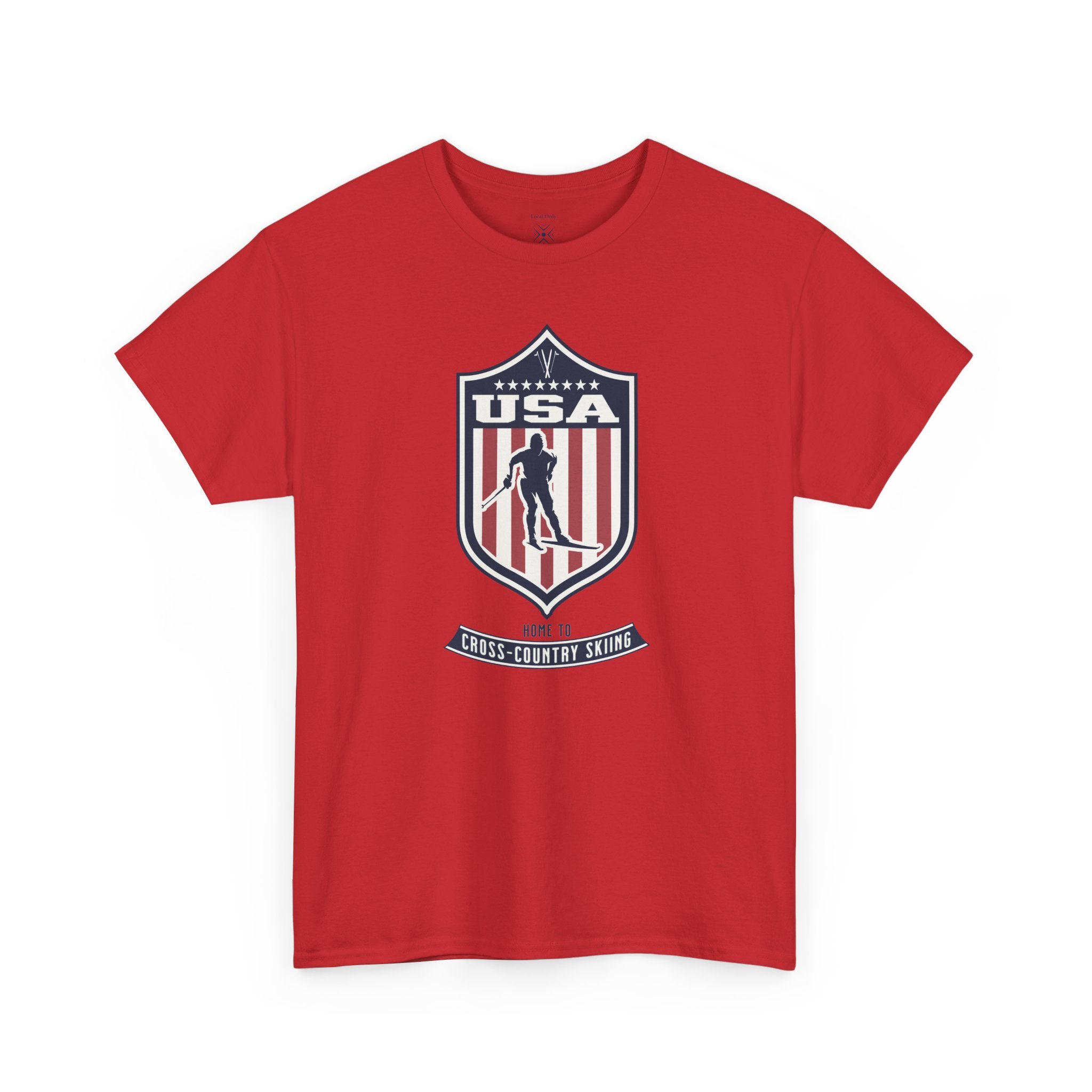 USA Home To Cross-Country Skiing Vintage Athletic T-Shirt – Navy Red White Crest Graphic